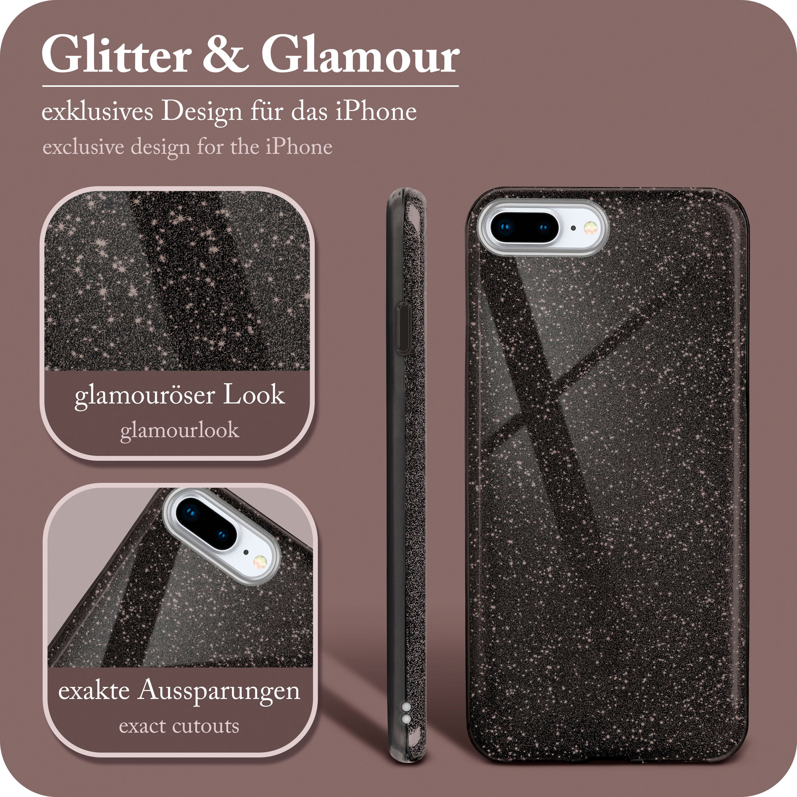 ONEFLOW Glitter Case, Backcover, Plus, Apple, Plus Black iPhone Glamour 7 - iPhone 8 
