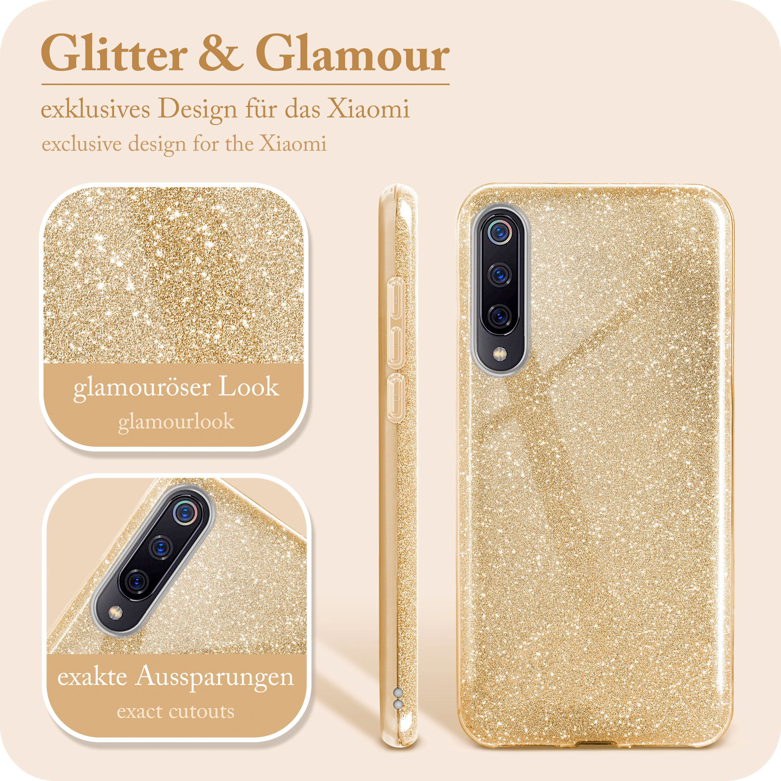 Goldene Glitzer-Handyhülle mit Details von Glamour-Look und Aussparungen. Text: 'Glitter & Glamour'.