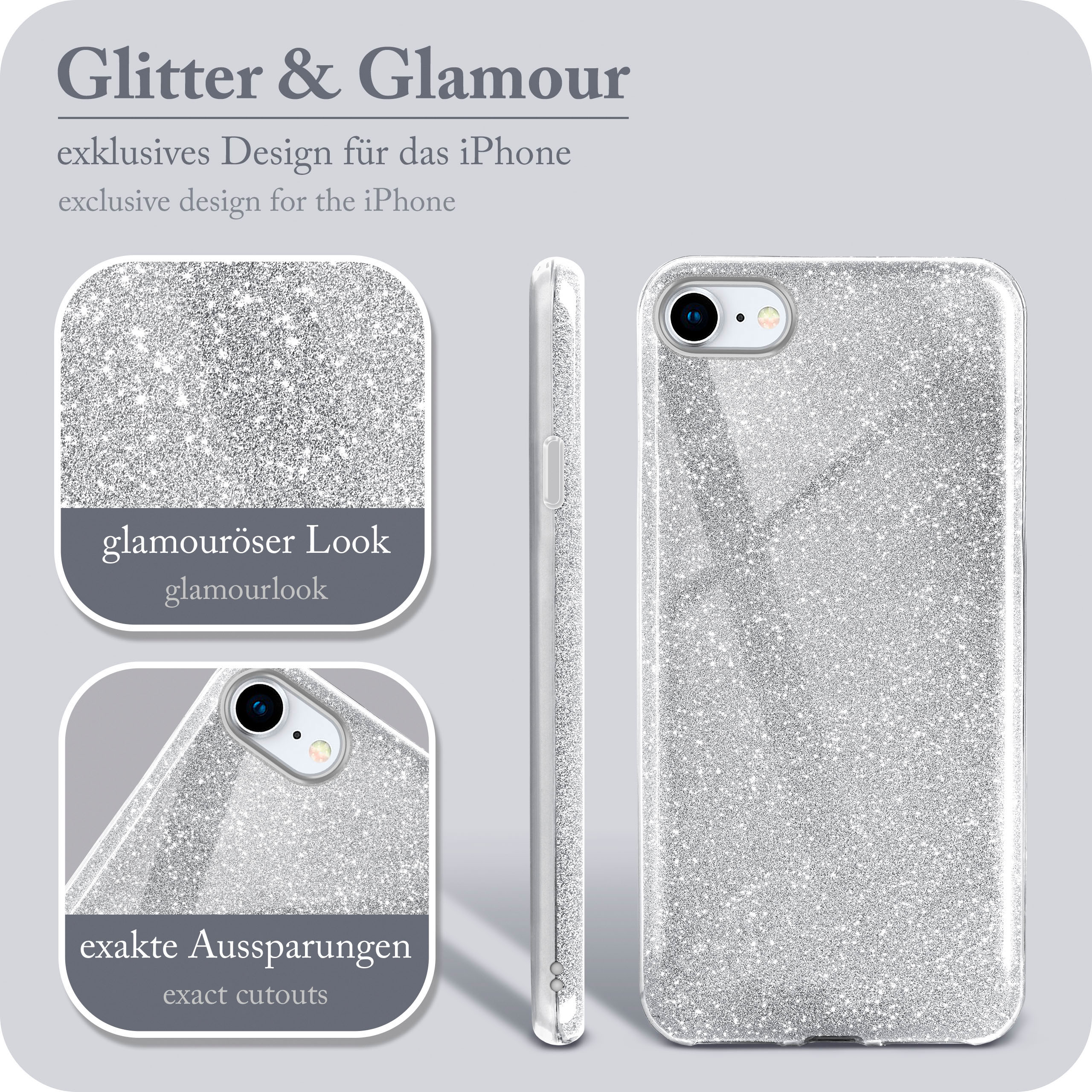 Silberne Glitzer-Handyhülle. Nahaufnahmen zeigen den Look und die Aussparungen. Der Text lautet 'Glitter & Glamour'.