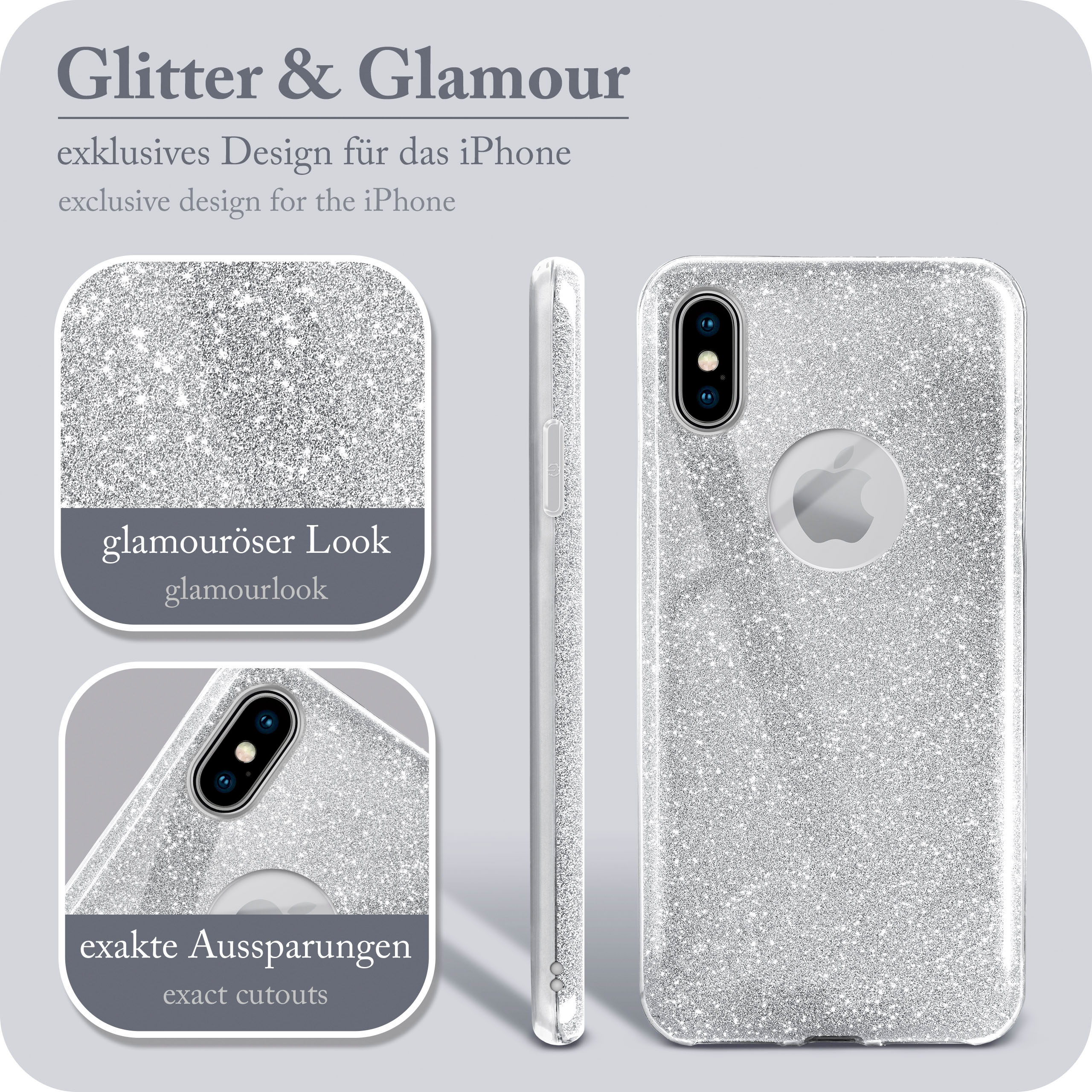 Eine glitzernde Handyhülle mit den Worten 'Glitter & Glamour' und dem Apple-Logo.