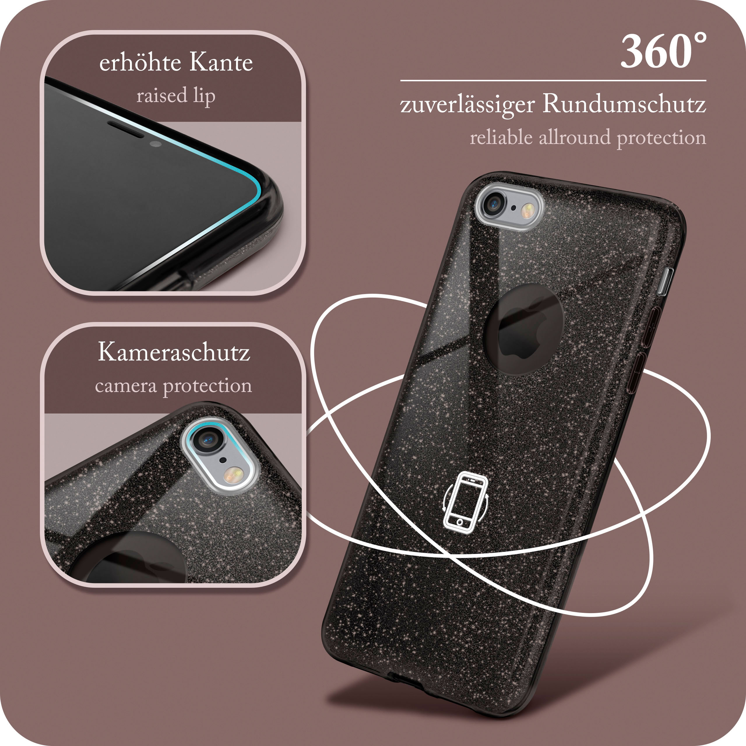 Schwarze Handyhülle mit gesprenkeltem Design. Details zu erhöhten Kanten und Kameraschutz werden gezeigt.