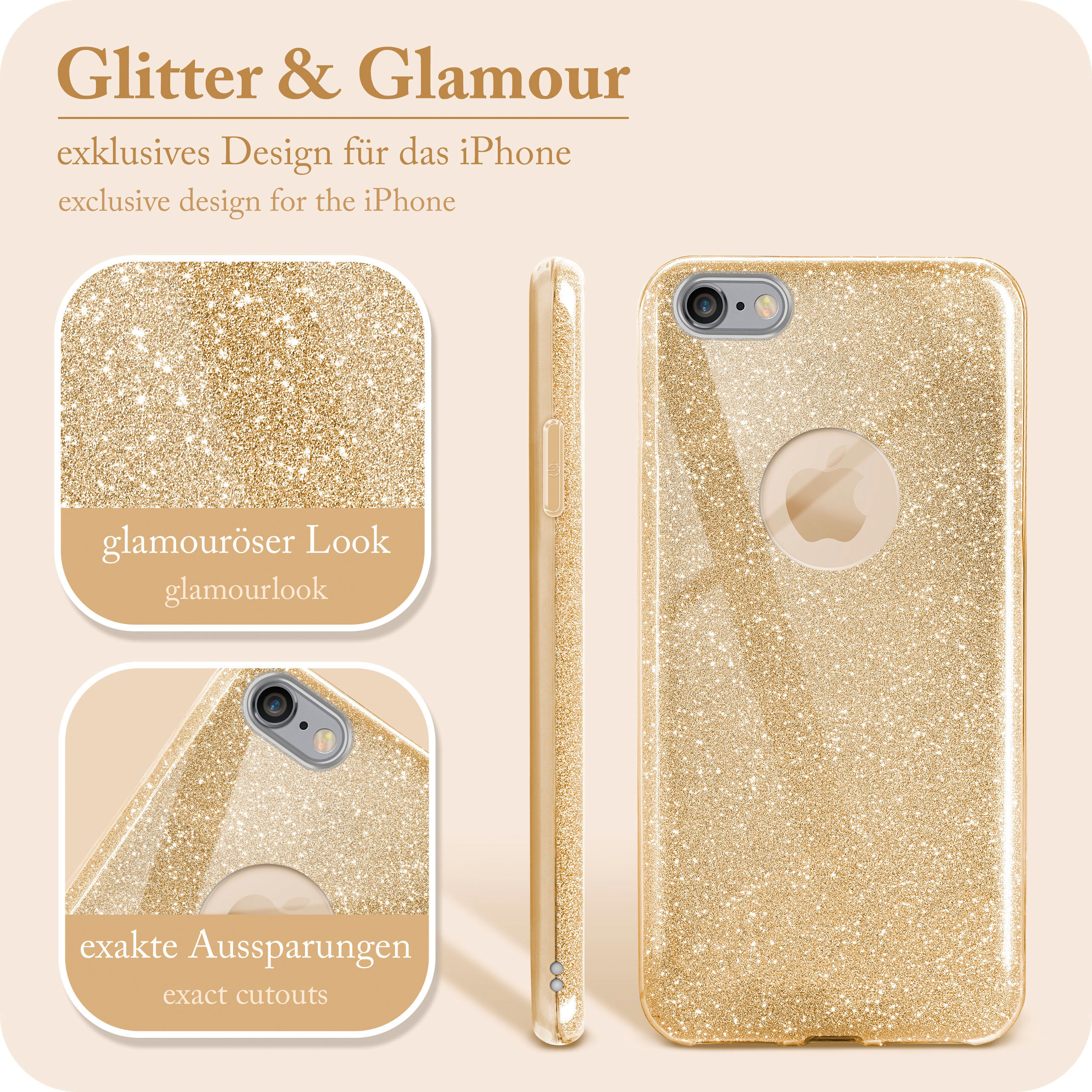 Goldglitzer iPhone-Hülle mit Nahaufnahmen von Details, einschließlich Glitzertextur und Aussparungen.
