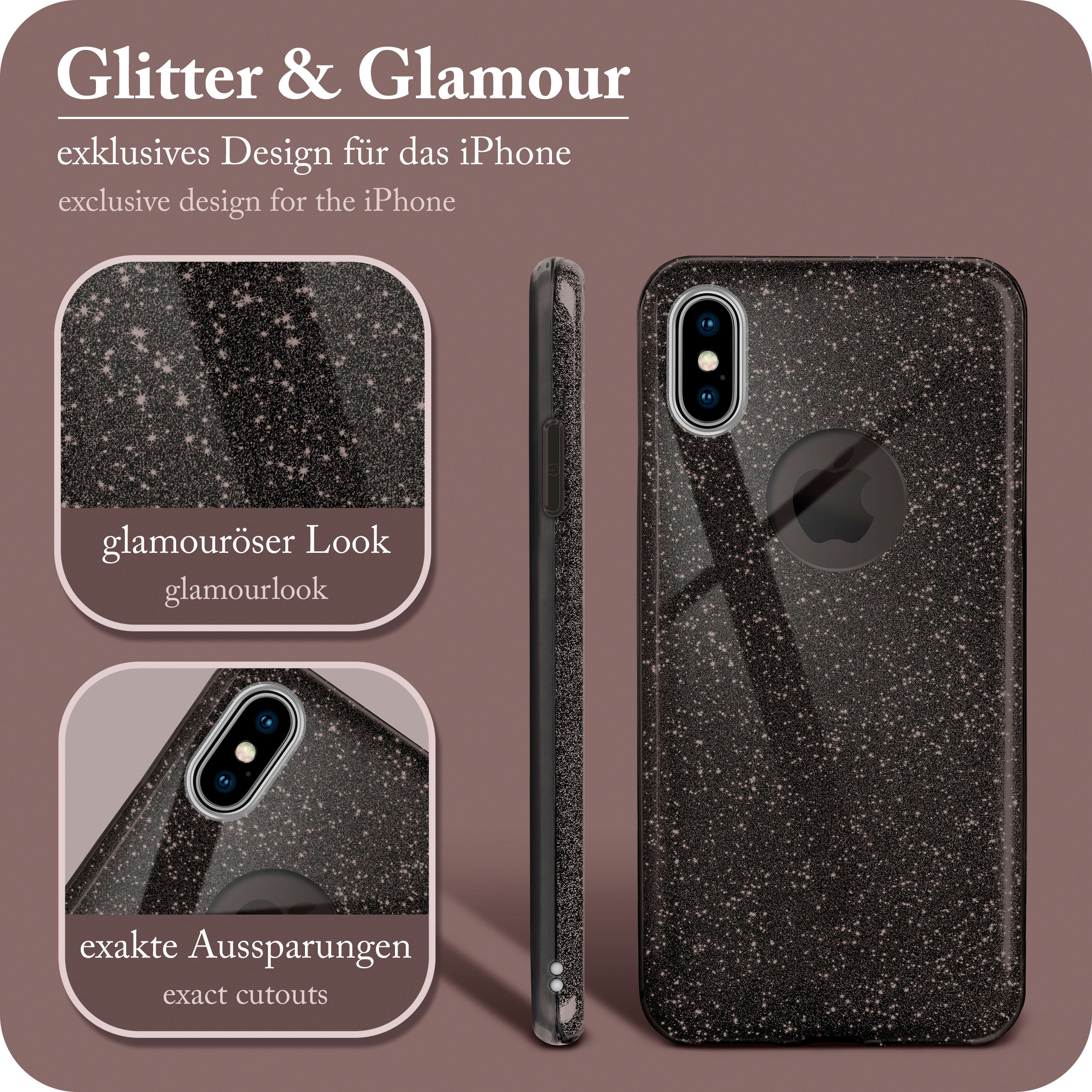 Schwarze Handyhülle mit Glitzerdesign, mit hervorgehobenen Merkmalen.
