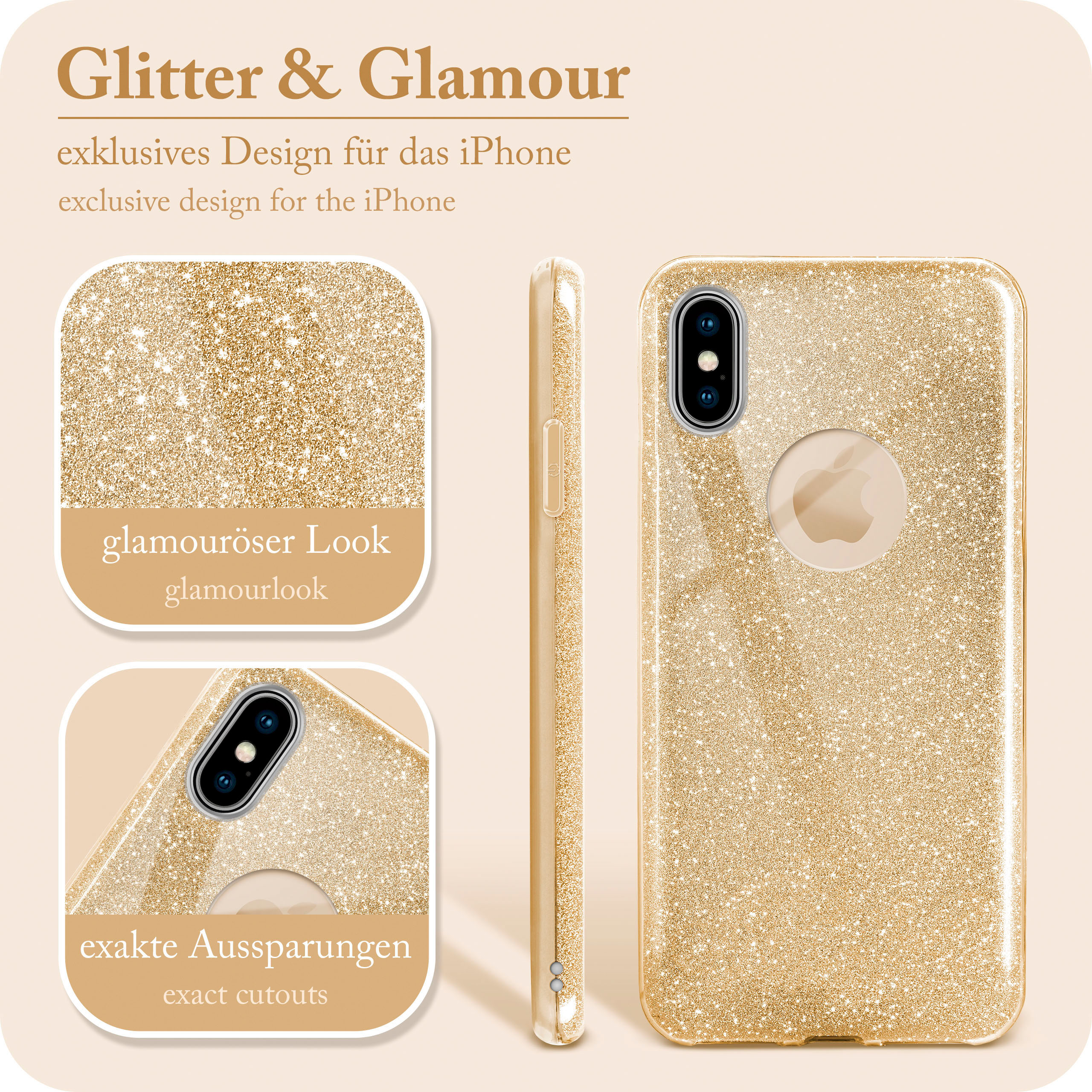 Goldene Glitzer-Handyhülle mit Aussparungen. Text über Design und Glamour-Look. Weißer Hintergrund. Drei verschiedene Ansichten.