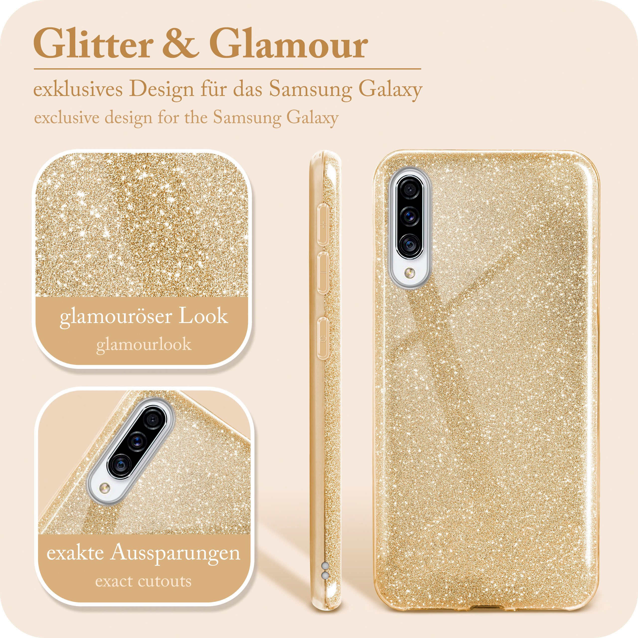 Goldene Glitzer-Handyhülle mit Nahaufnahmen des Designs und Text.