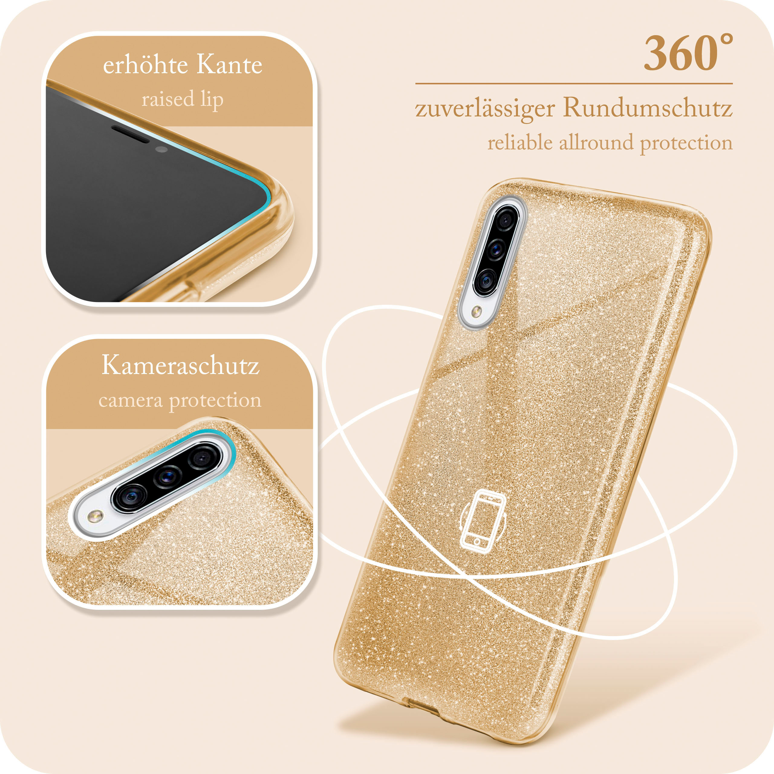 Goldene Handyhülle mit Glitzer, erhöhter Kante und Kameraschutz. Die Hülle ist gold.