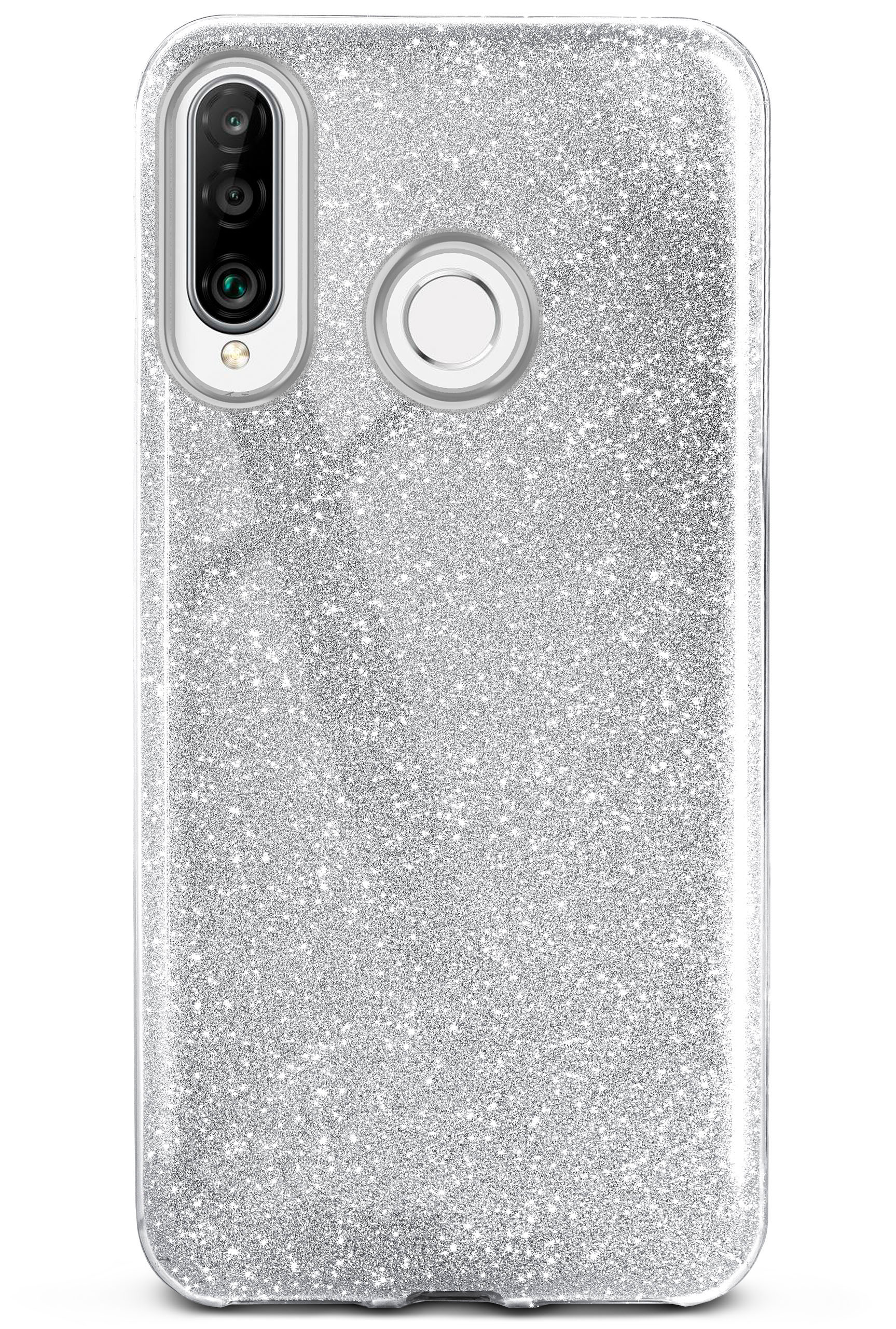 Eine silberne Glitzer-Handyhülle mit Kamera und Loch für das Logo.
