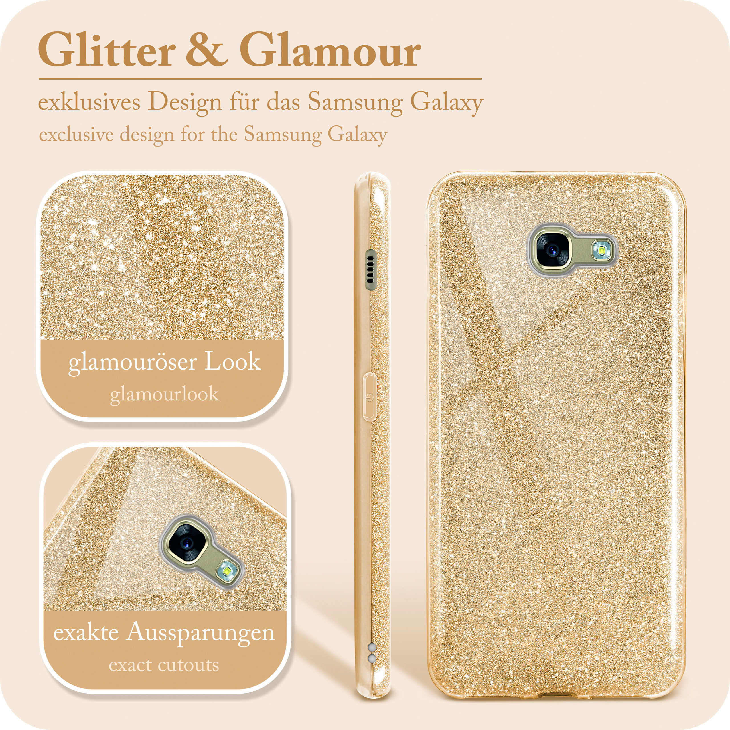 Gold-Glitzer-Handyhülle mit Nahaufnahmen. Text: Glitzer & Glamour, exklusives Design für Samsung Galaxy.