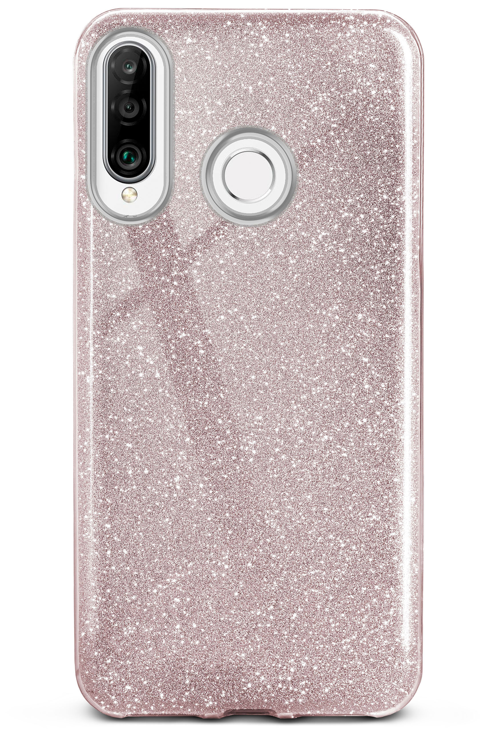 Eine pinkfarbene Glitzer-Handyhülle mit einem Kameraobjektiv.