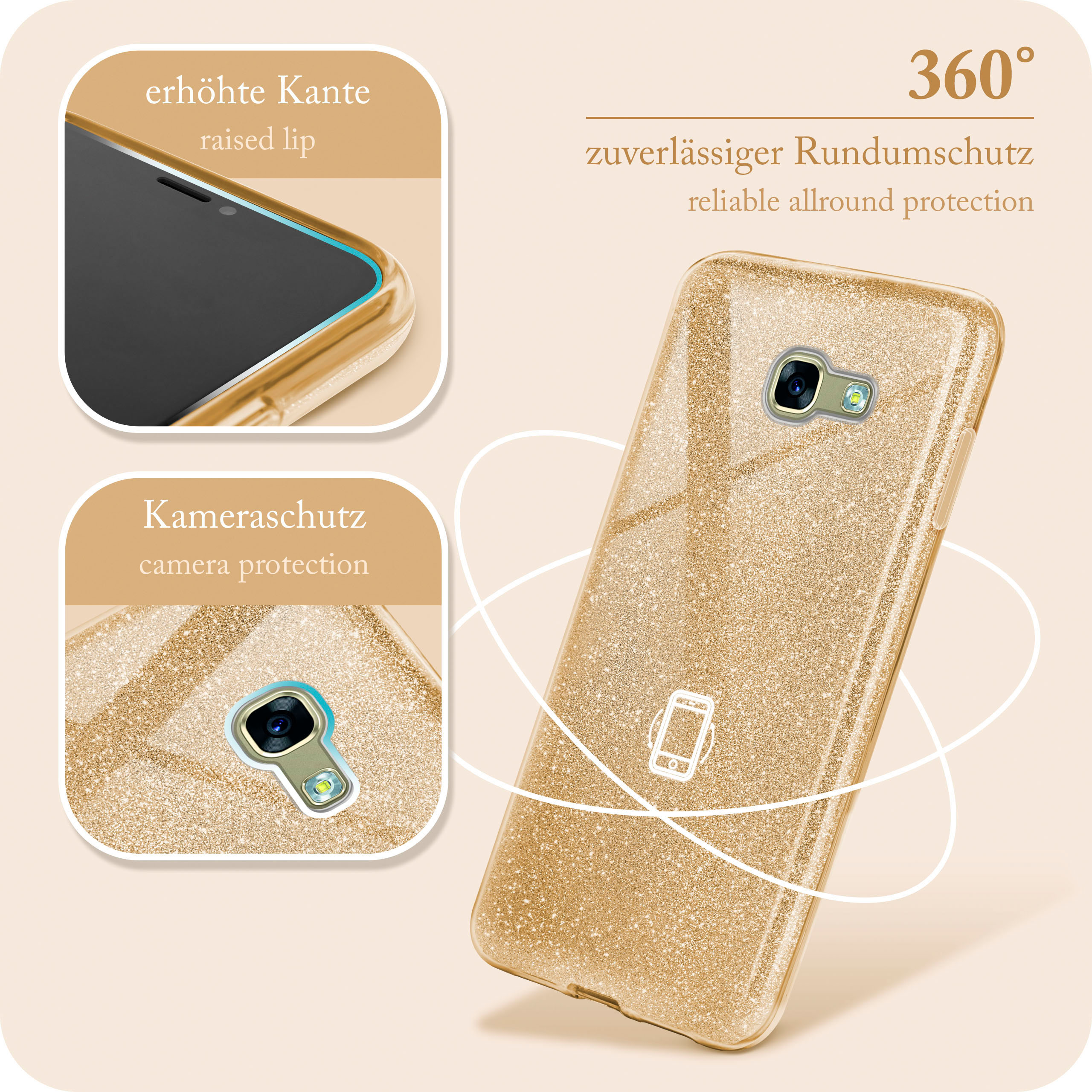 Glitzerndes Handycase mit Goldglitzer auf rosa Hintergrund. Kameraschutz, erhöhte Kanten.
