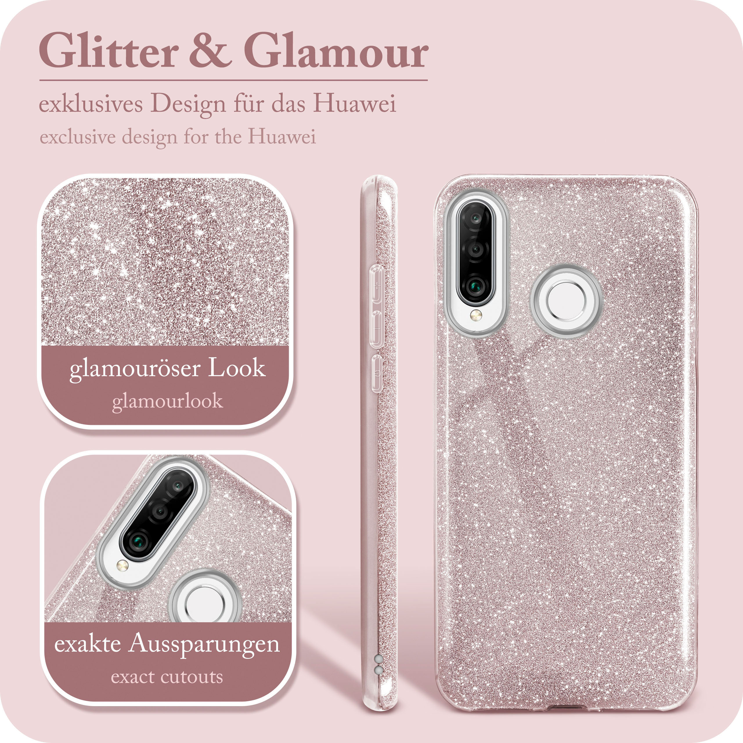Rosafarbene Glitzer-Handyhülle mit Design und Aussparungen für Huawei. Nahaufnahme.