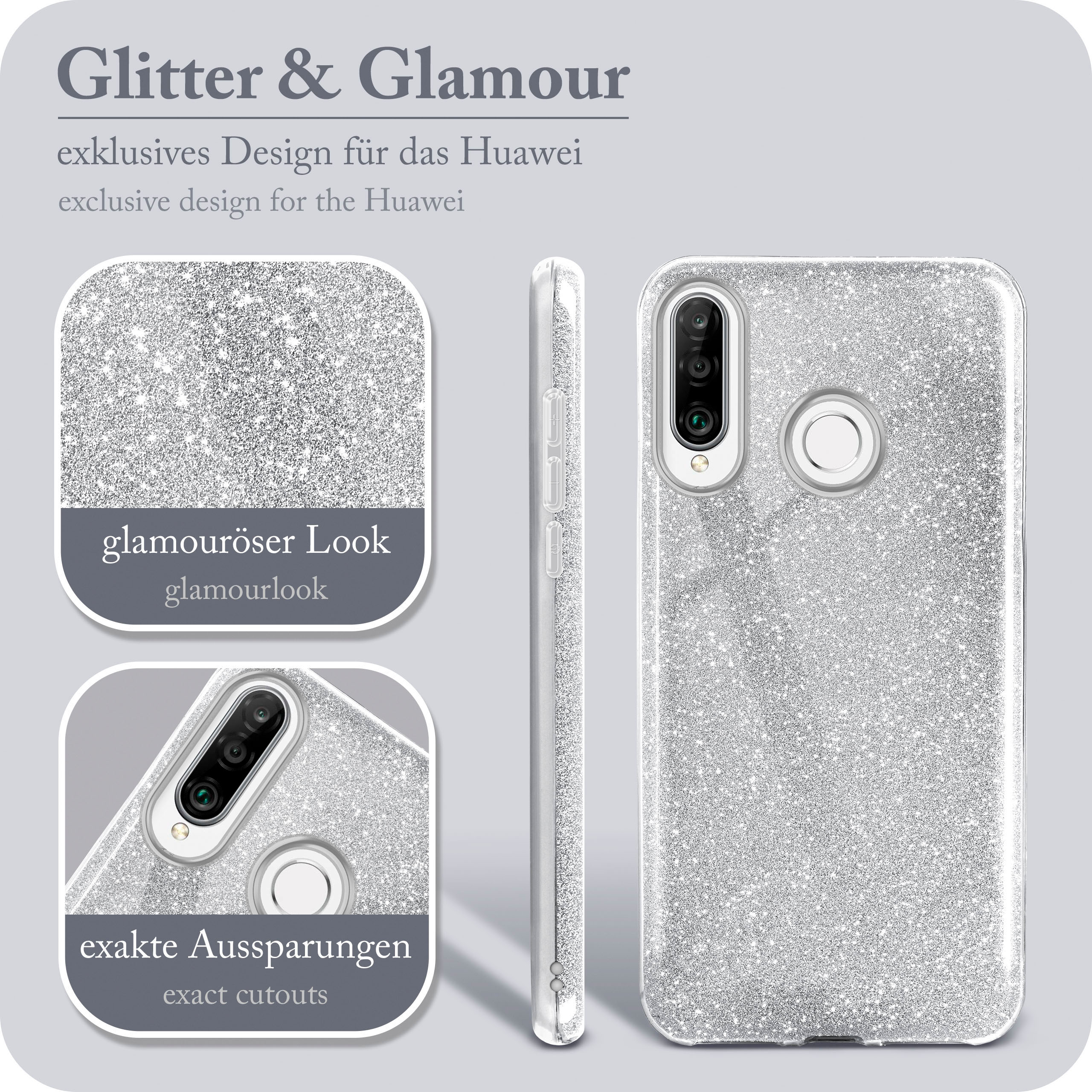 Silber Glitzer Handyhülle, mit Nahaufnahmen. Texte: "Glitter & Glamour", "Glamour Look".