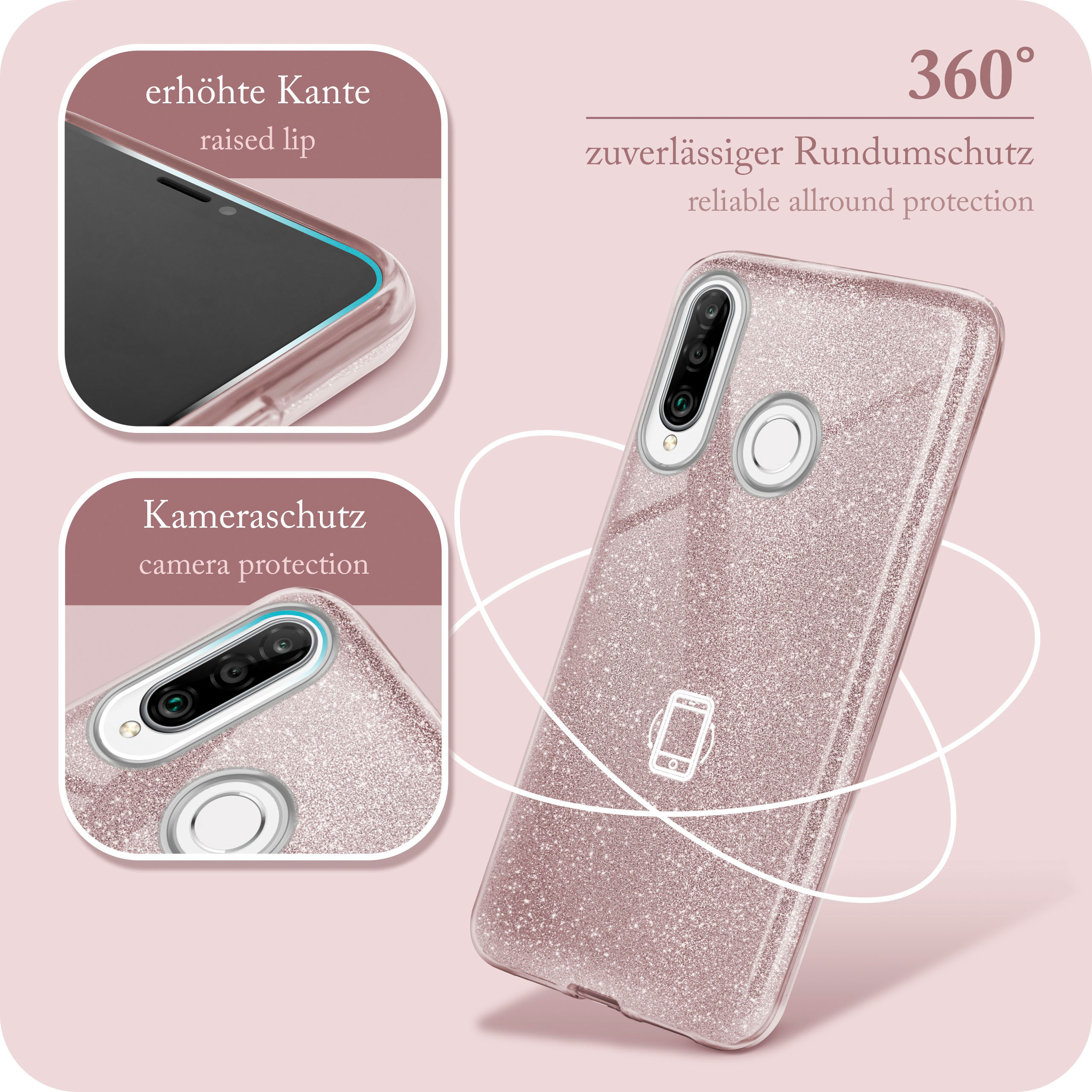 Rosa Glitzer-Handyhülle mit 360°-Schutzdiagramm und Kameraschutzdetails.