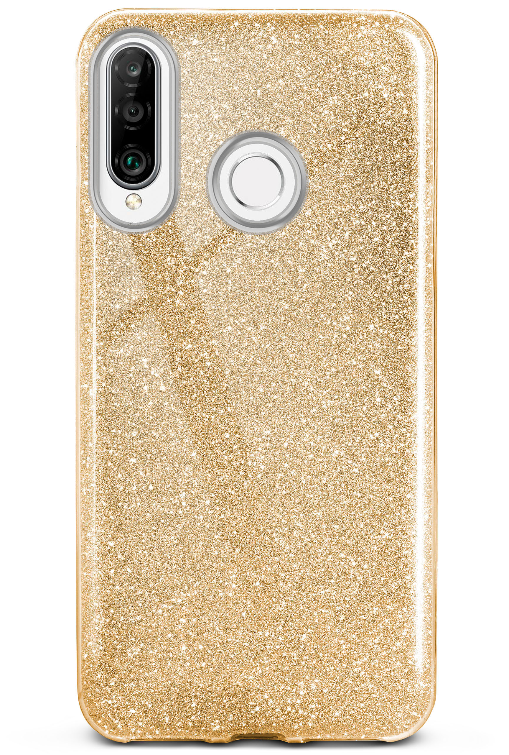 Glitzernde goldene Handyhülle. Hülle hat einen Kameraausschnitt. Weißer Hintergrund.