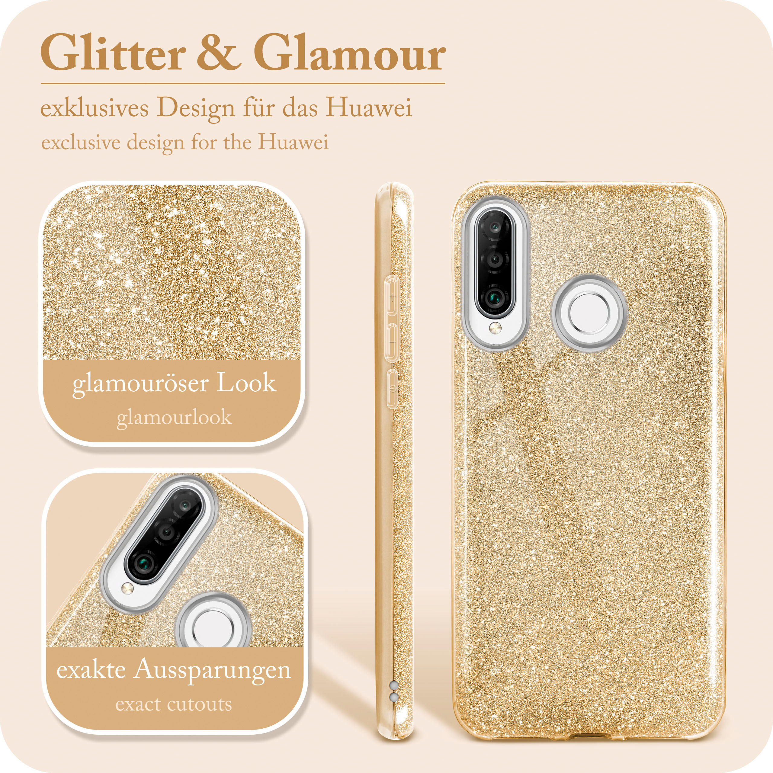 Goldene Handyhülle mit Glitzer. Die Hülle hat einen glitzernden Look. Das Telefon hat exakte Aussparungen.