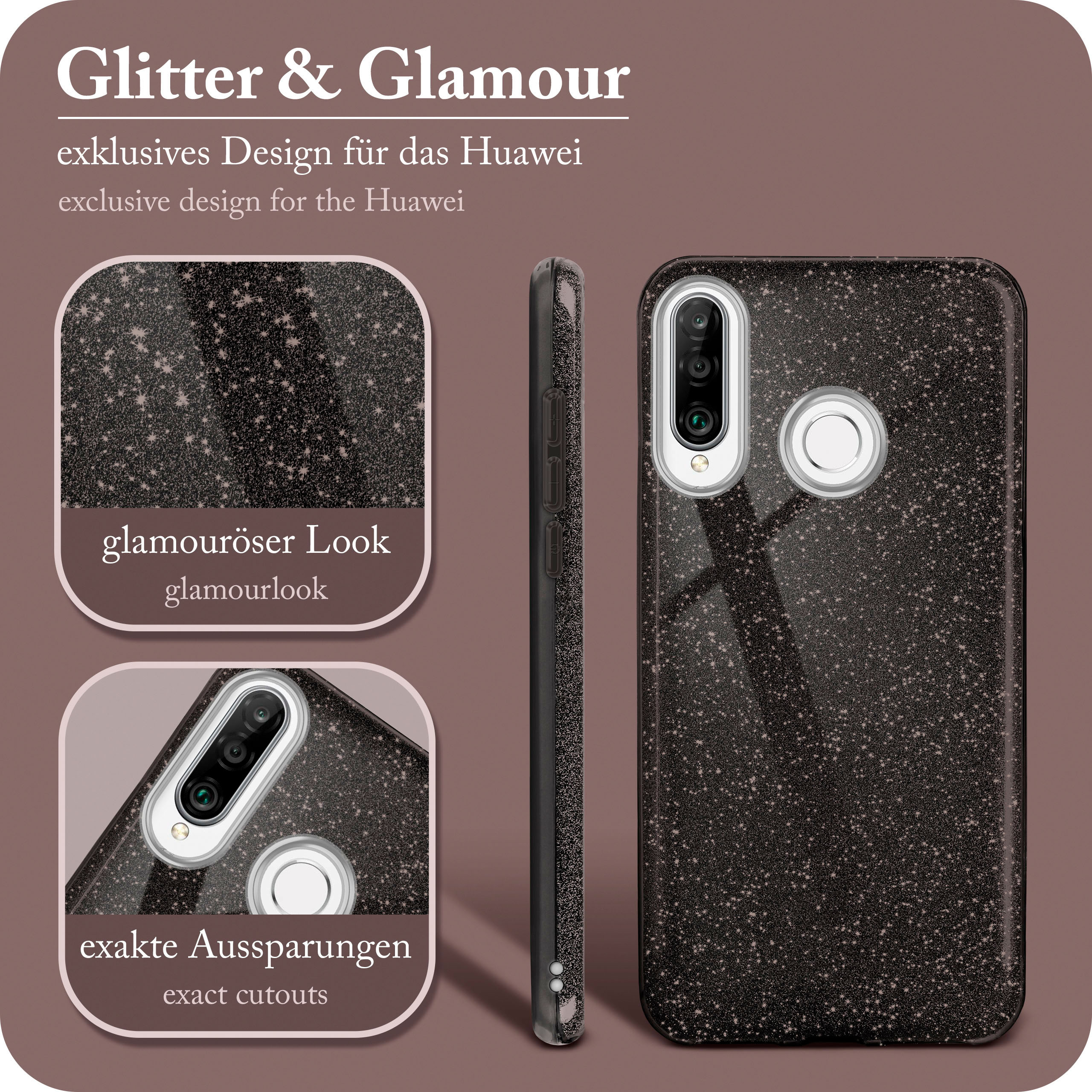 Eine glitzernde Handyhülle mit den Worten 'Glitter & Glamour'.