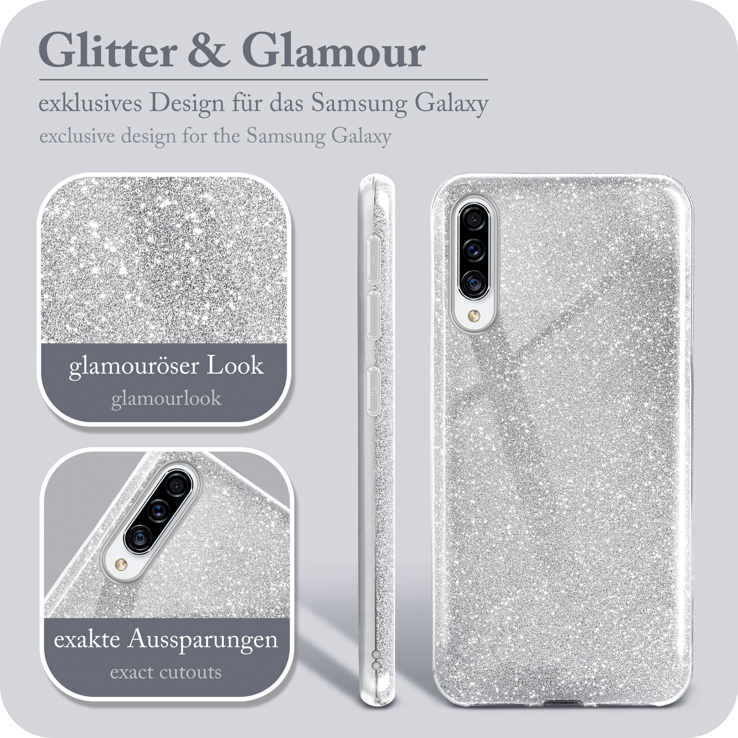 Silberne Glitzer-Handyhülle mit Text: Glitter & Glamour. Details der Hülle sind gezeigt.
