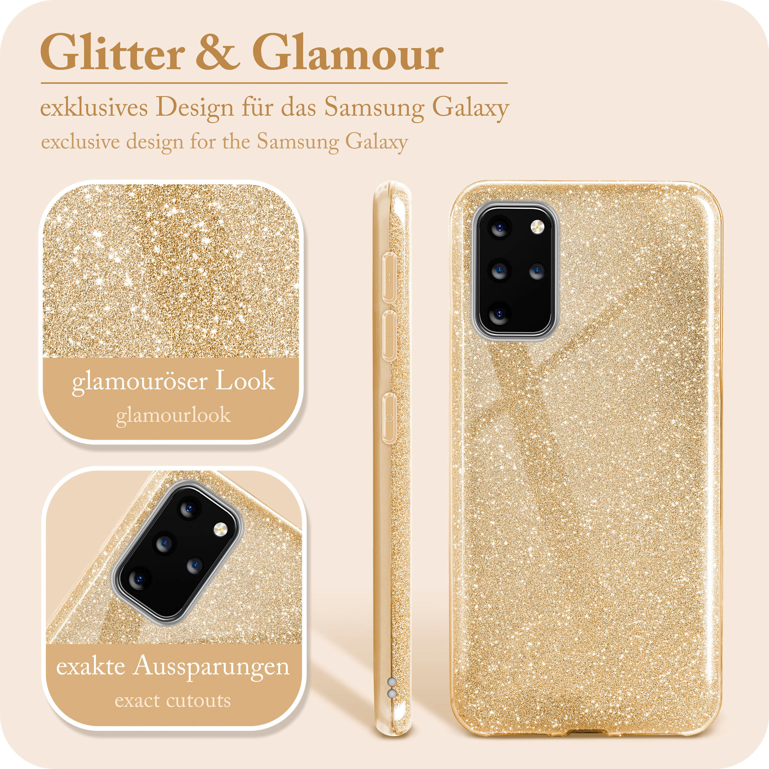 Goldene Glitzer-Handyhülle mit Nahaufnahme der Handykamera.