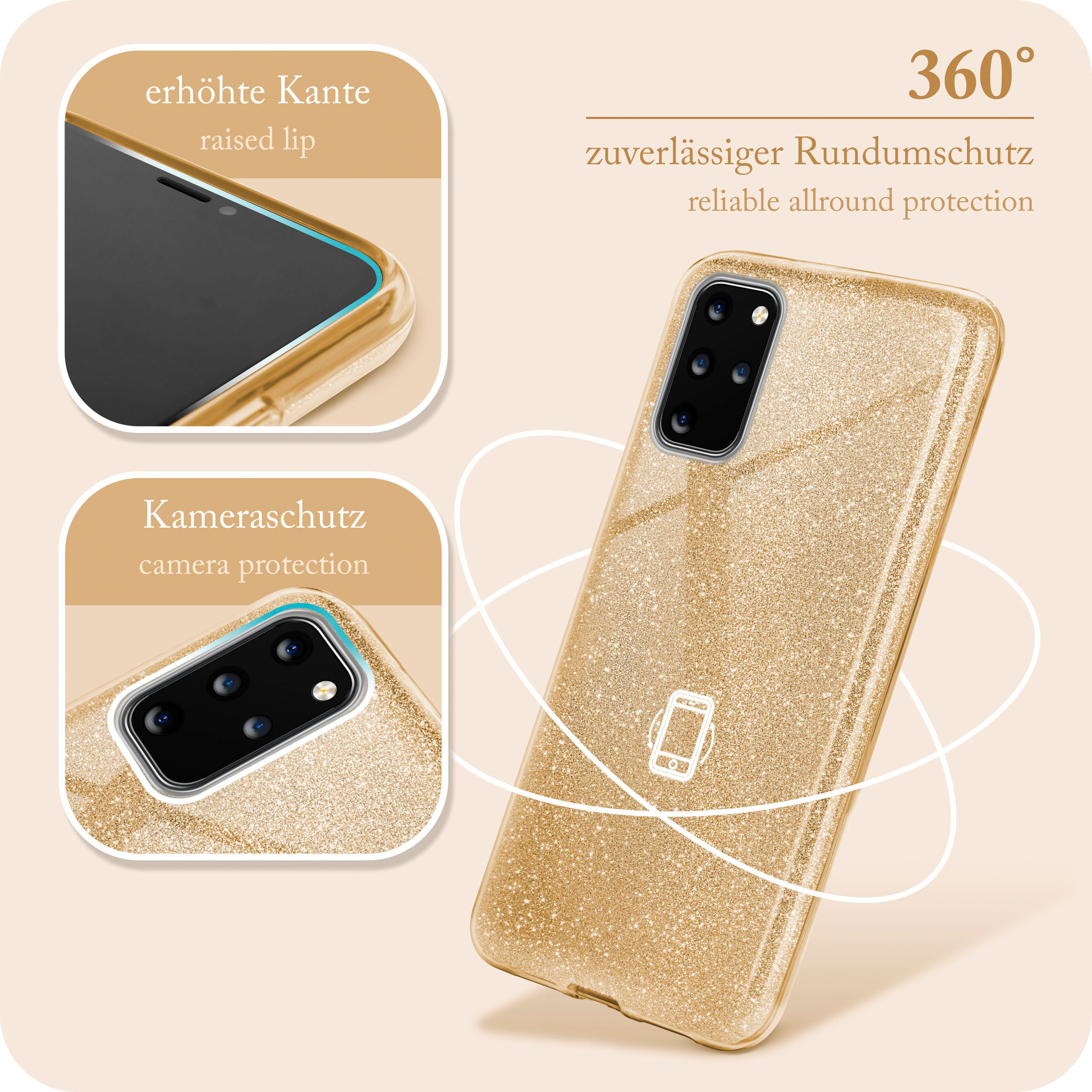 Goldene Glitzer-Handyhülle mit Kameraschutz und erhöhtem Rand.