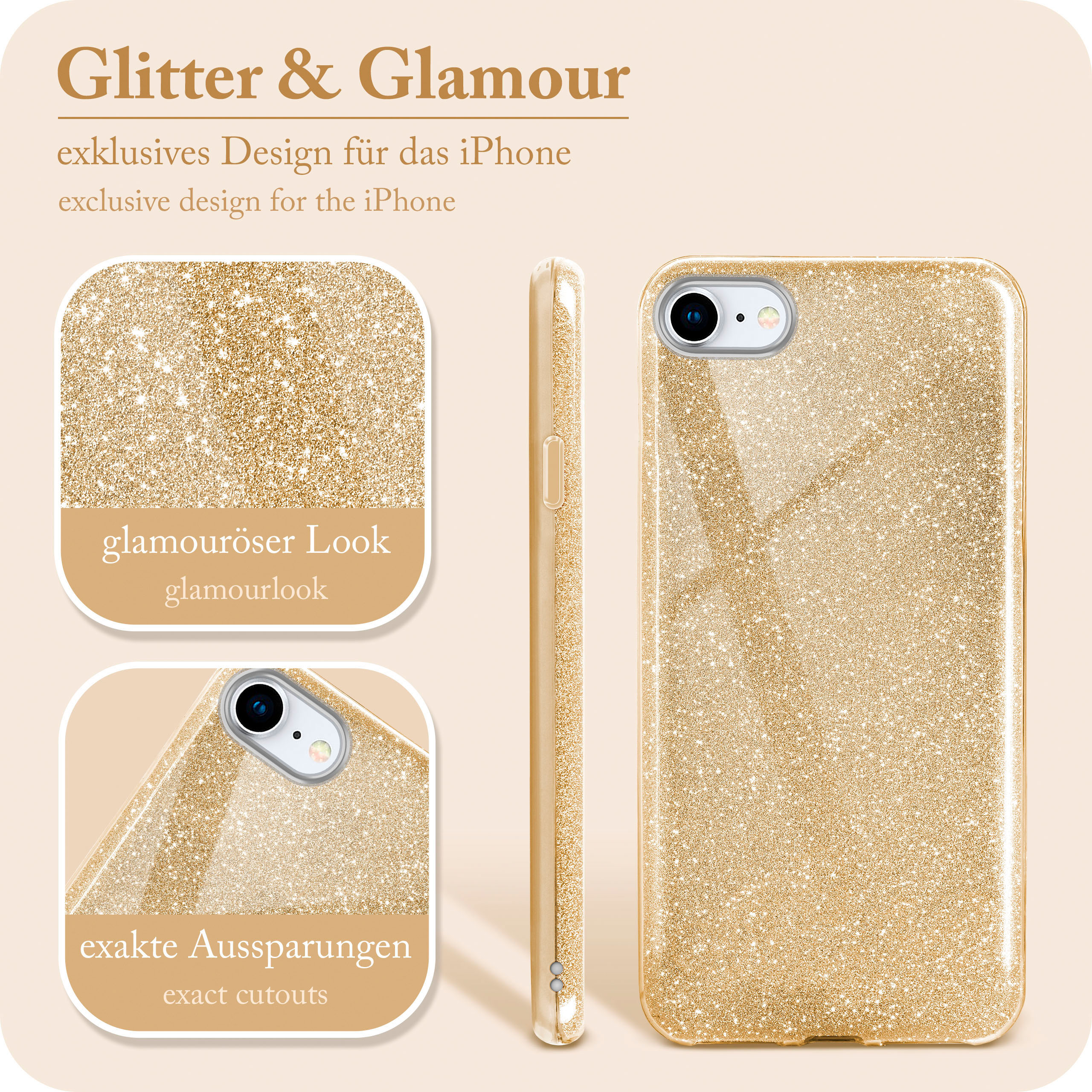Eine goldene Glitzer-Handyhülle mit den Worten 'Glitter & Glamour'. Mehrere Ansichten werden gezeigt.