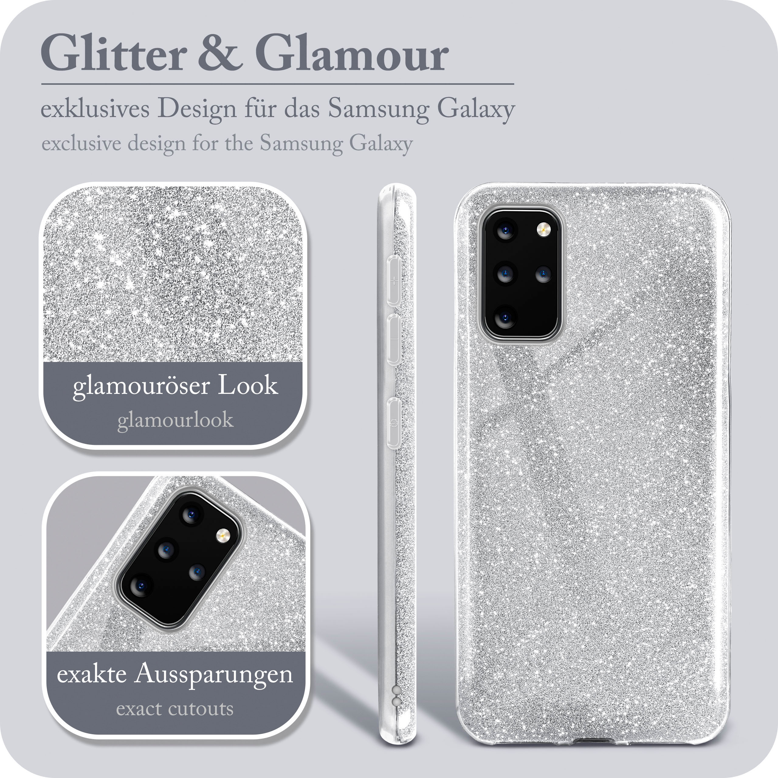 Glitzer-Handyhülle mit Glamour-Look. Exakte Aussparungen für das Samsung Galaxy.