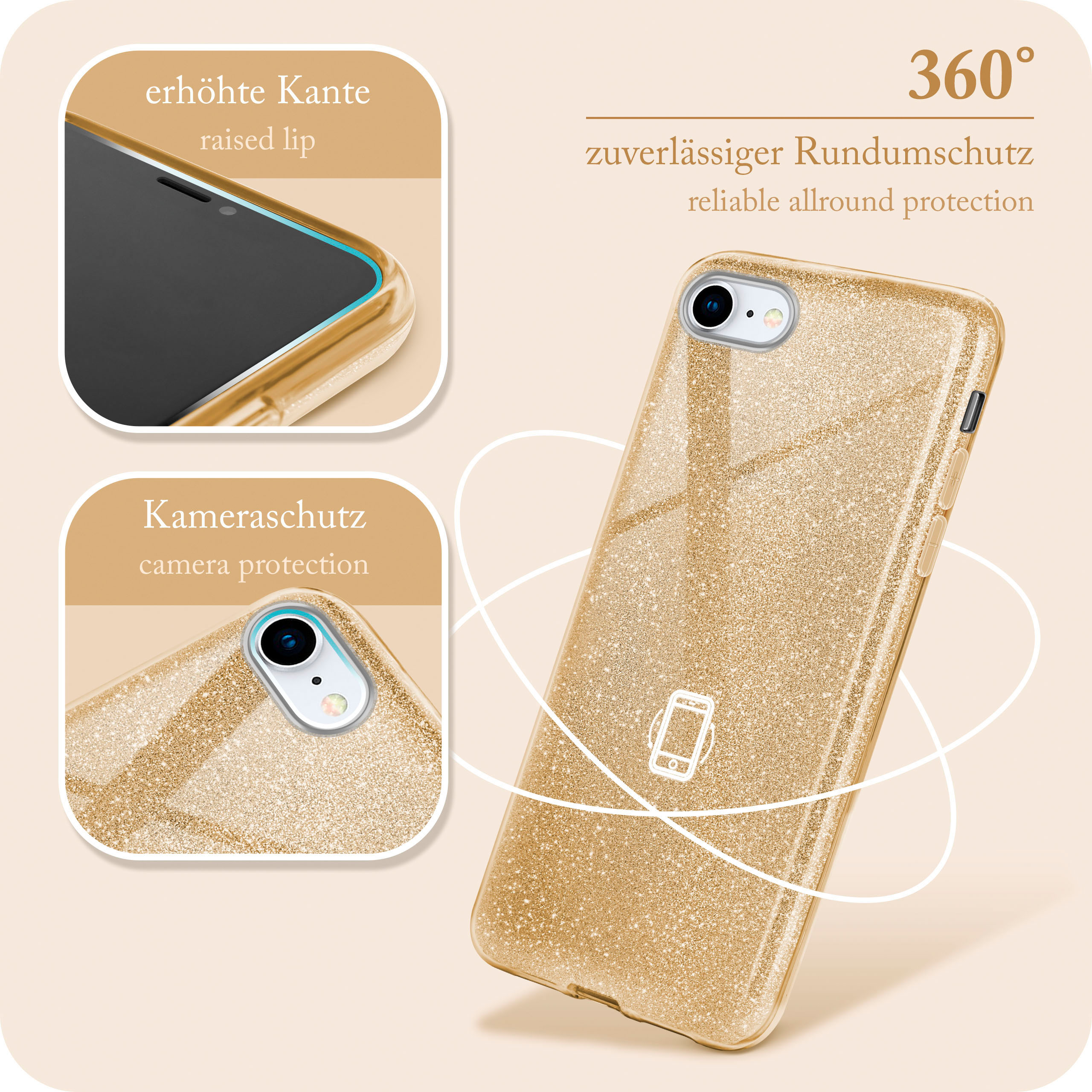 Goldener Glitzer-Handy-Schutz. Nahaufnahmen zeigen Kamera und erhöhten Rand. Der Schutz bietet 360° Schutz.