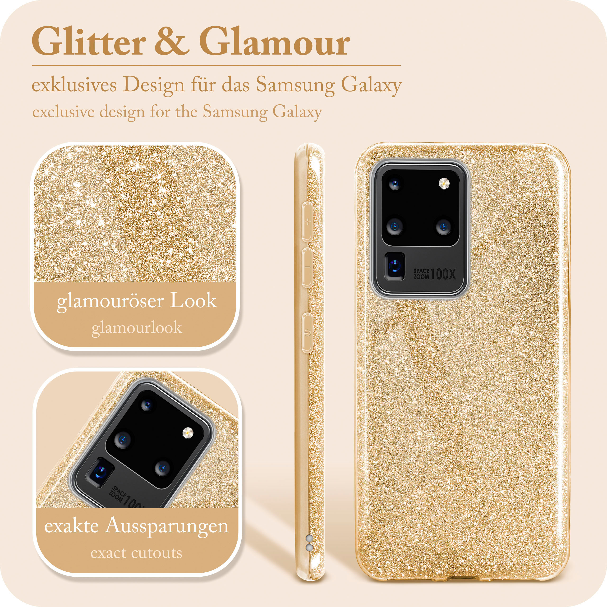 Goldene Glitzer-Handyhülle mit Nahaufnahme der Handykamera.