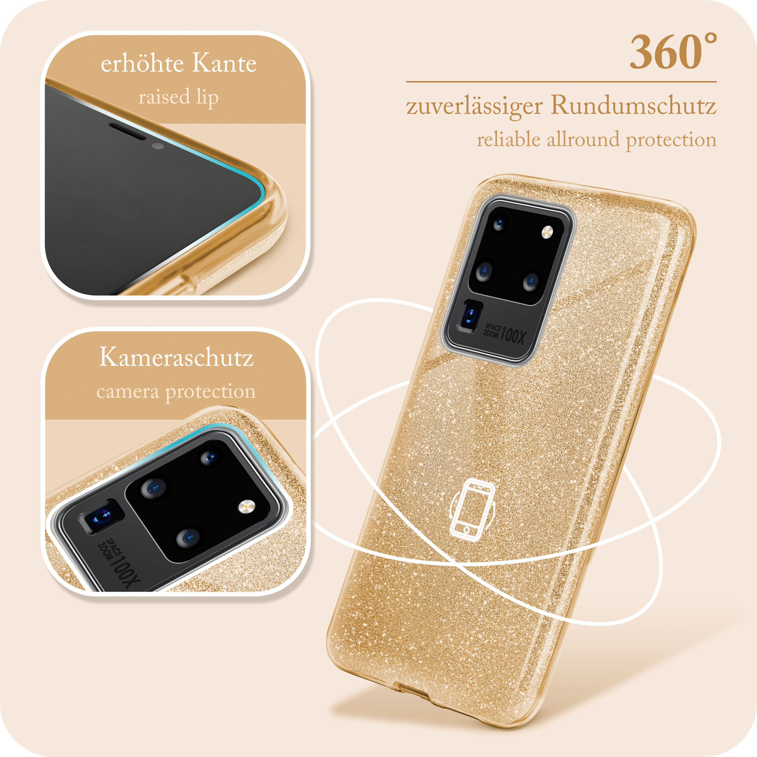 Goldene Glitzer-Handyhülle mit Telefon. Die Hülle hat erhöhte Kanten und Kameraschutz.