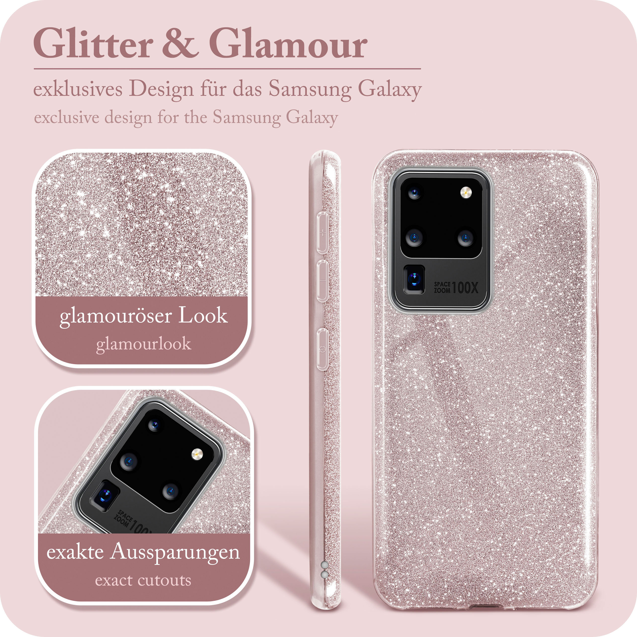 Rosa glitzernde Handyhülle mit drei Ansichten. Der Text auf dem Bild lautet 'Glitter & Glamour' und 'exklusives Design'.