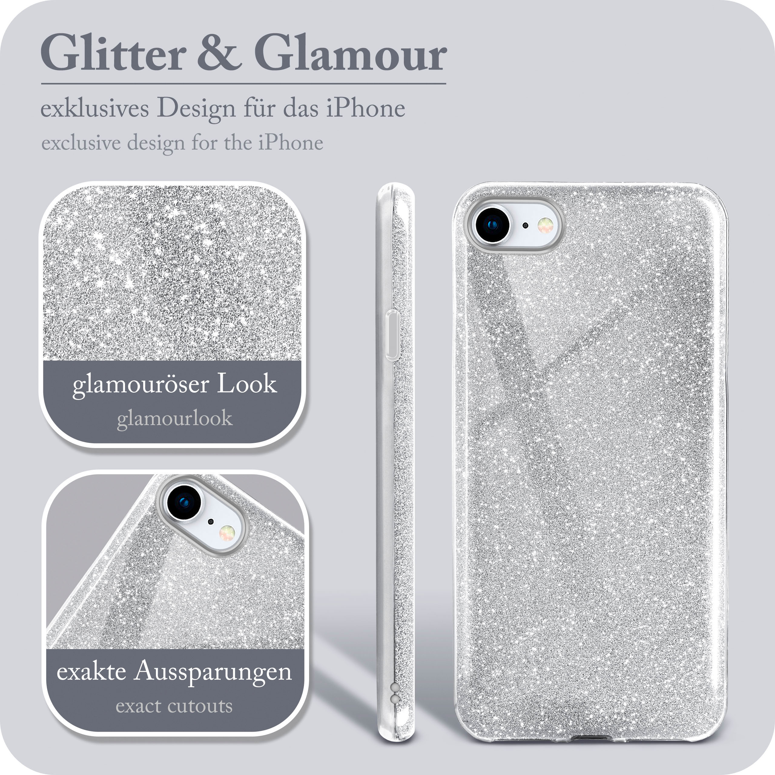 Eine Handyhülle mit Glitzerdesign, mit Nahaufnahmen und verschiedenen Winkeln.
