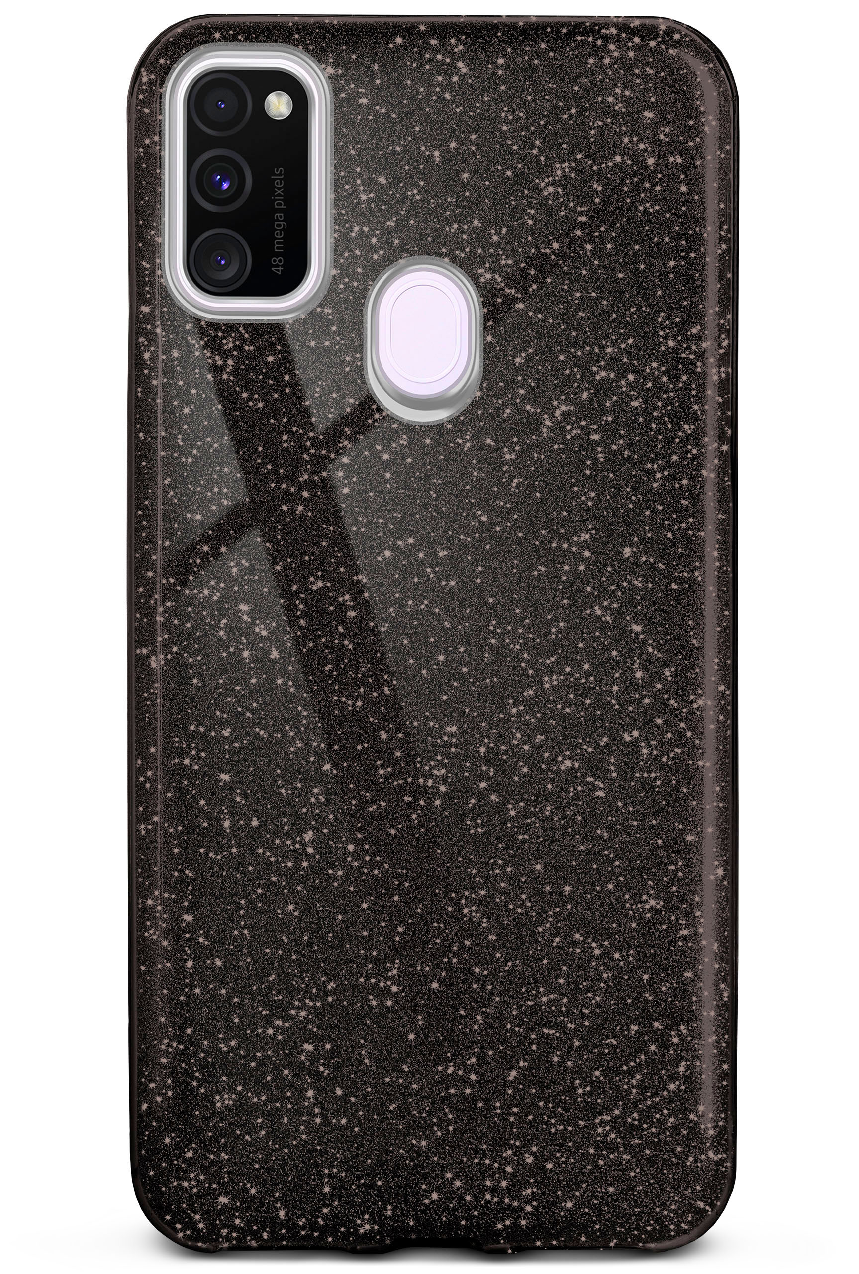 Schwarze Handyhülle mit Glitzer. Hat Kamera und Fingerabdrucksensor.