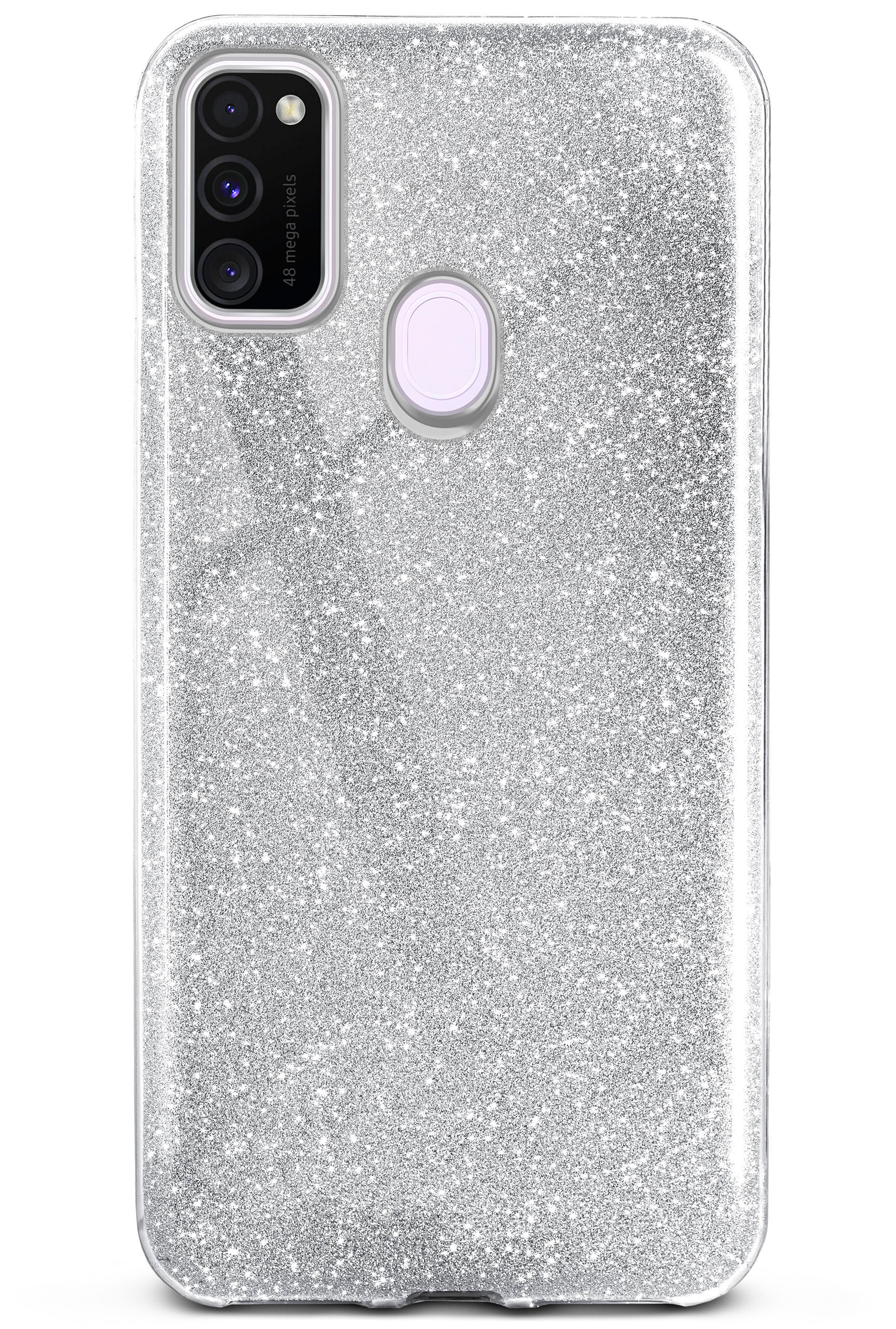 Silberne Glitzer-Handyhülle. Drei Kameras und ein Fingerabdrucksensor sind sichtbar.