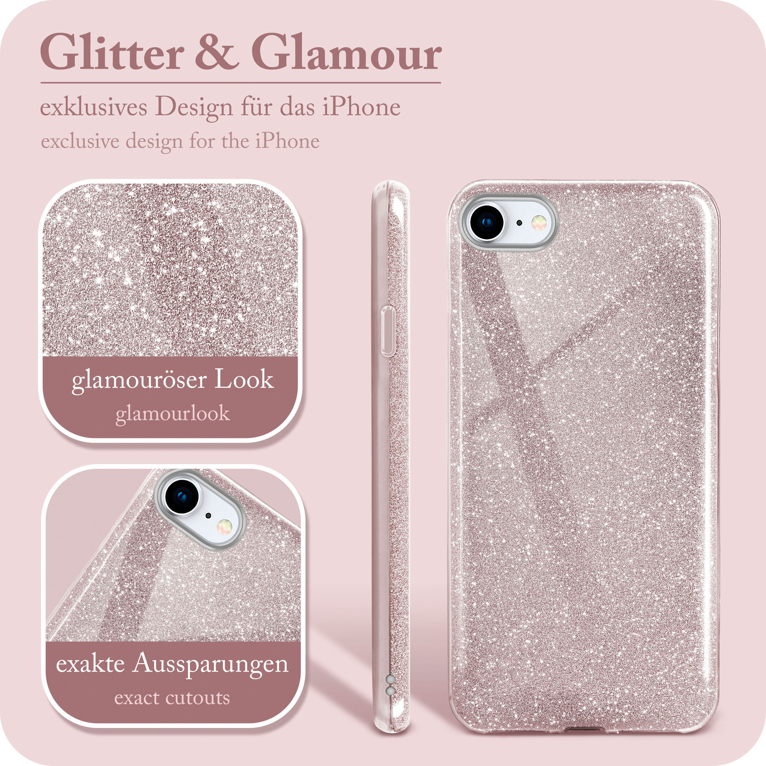 Rosa Glitzer-Handyhülle mit Glamour-Look, detaillierten Aussparungen und einem iPhone.