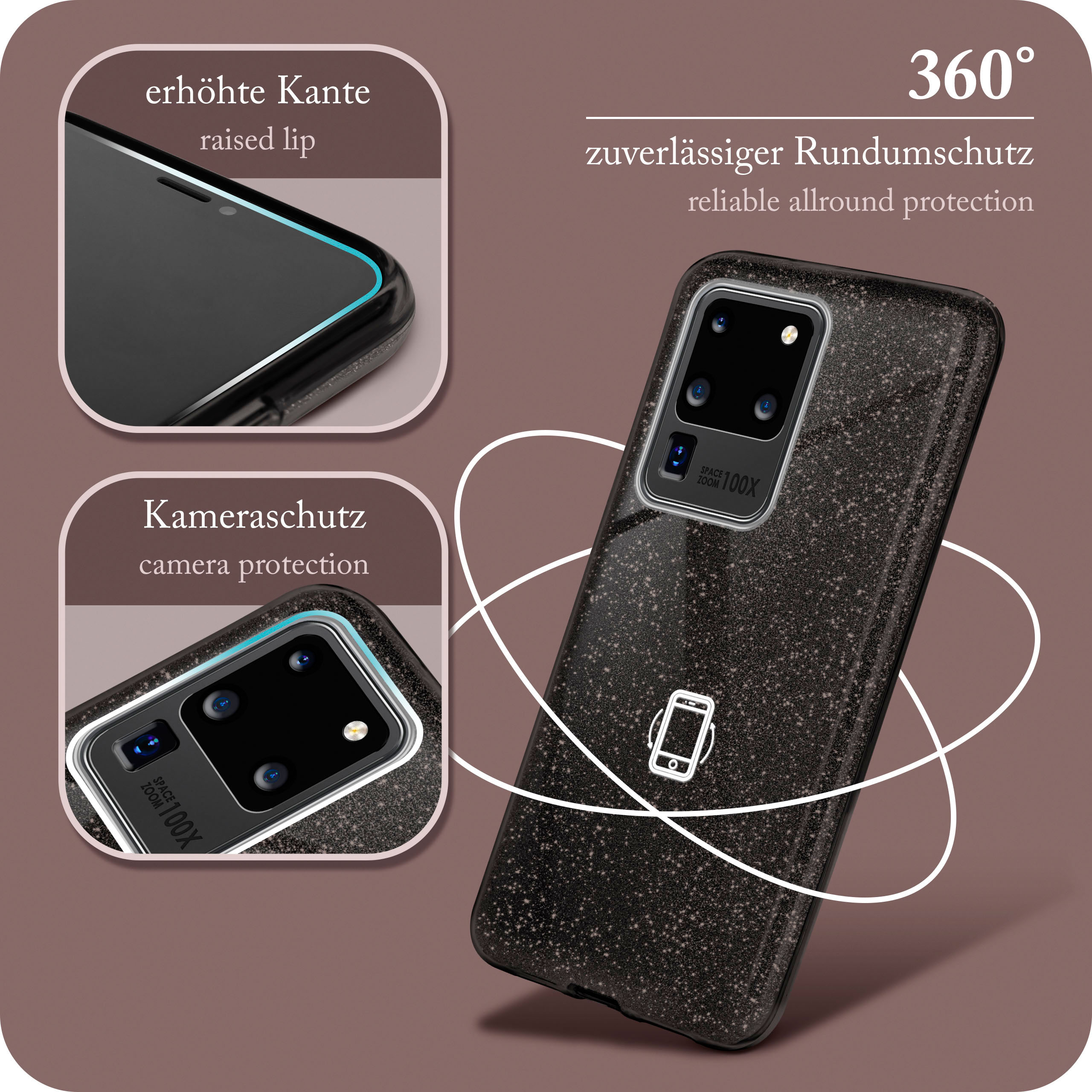 Handyhülle mit dunklem Glitzer-Design. Merkmale sind erhöhte Lippe, Kameraschutz und 360° Schutz.