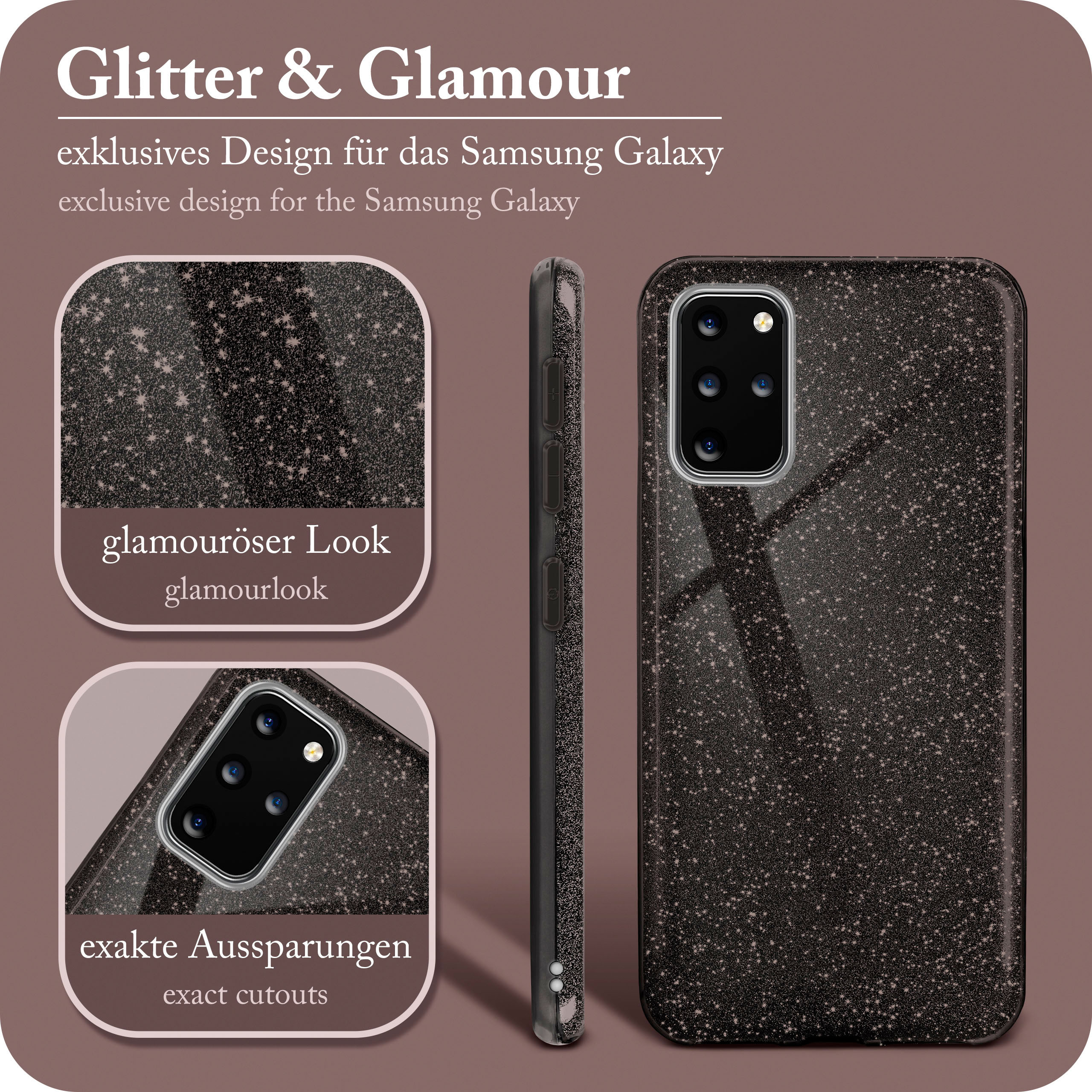 Dreiteiliges Bild der Handyhülle mit Glitzer-Design. Merkmale Glamour-Look, exakte Aussparungen. Text: Glitzer & Glamour.