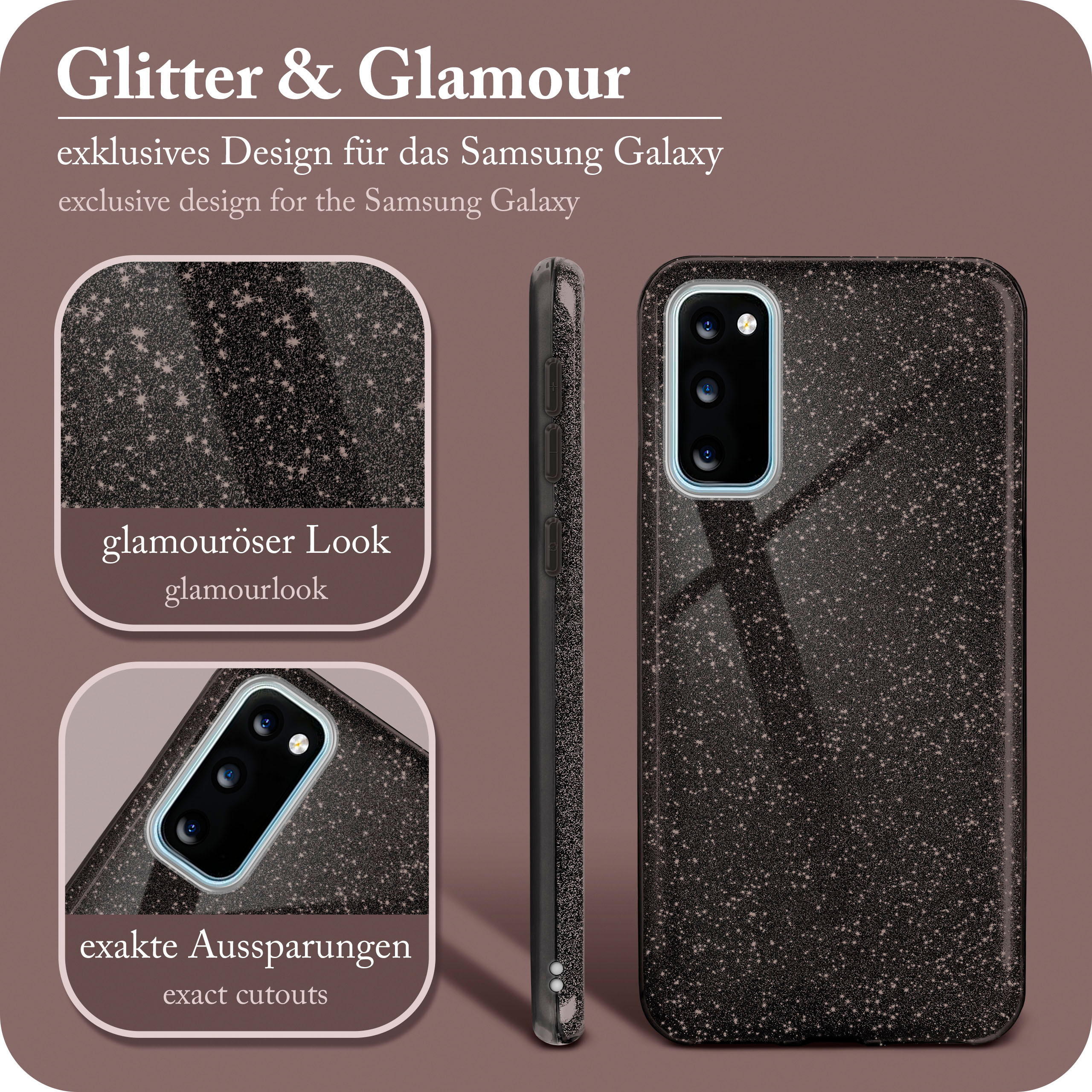 Schwarze Handyhülle mit mehreren Ansichten, glitzernder Oberfläche und Aussparungen.