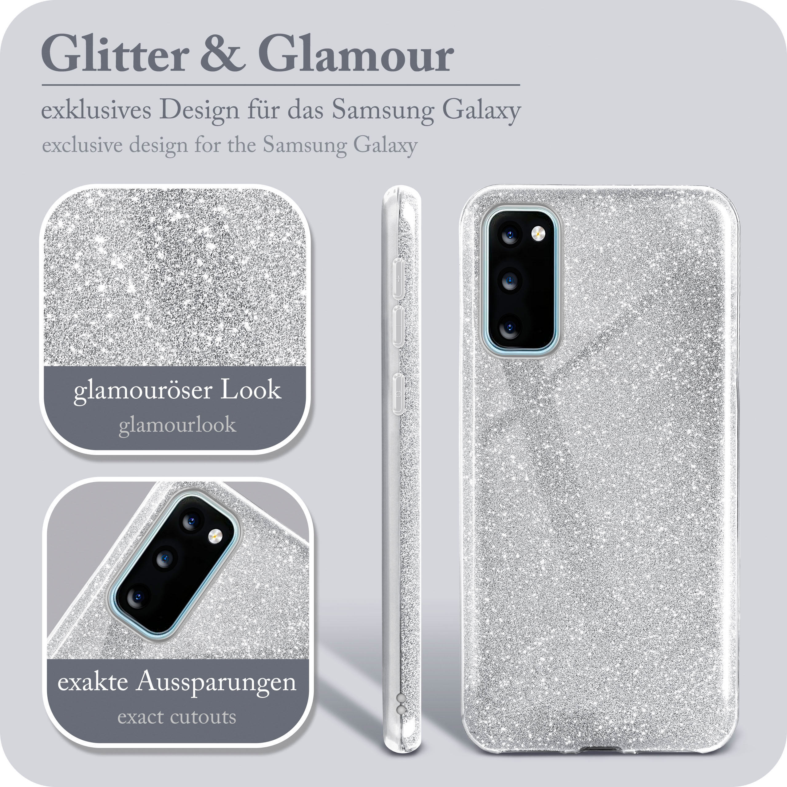 Silbernes Glitzer-Handycase mit Nahaufnahmen und Text. 'Glitter & Glamour' und 'exklusives Design' werden angezeigt.