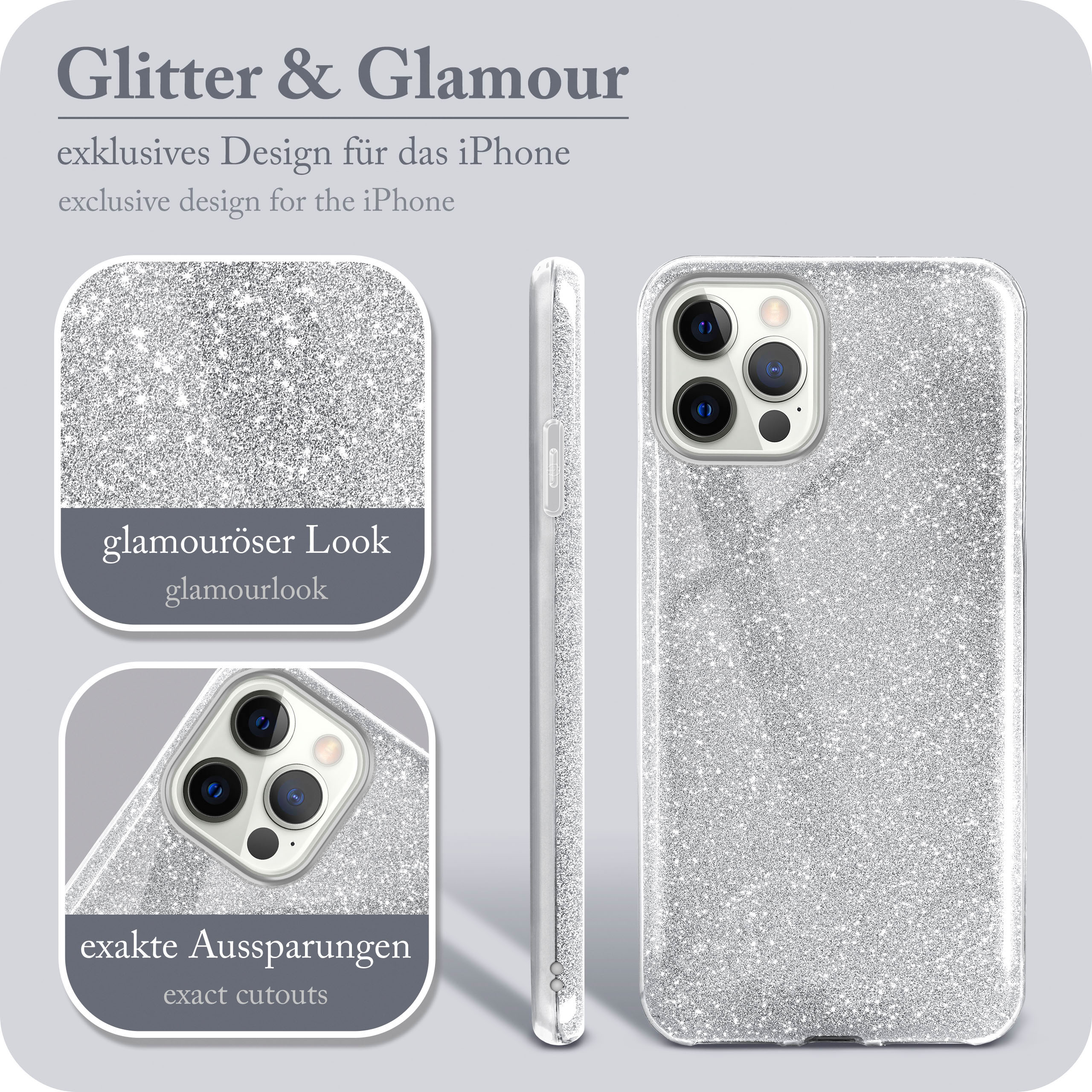 Nahaufnahme einer silbernen Glitzer-Handyhülle mit Details des Handyhüllen-Designs und iPhone.