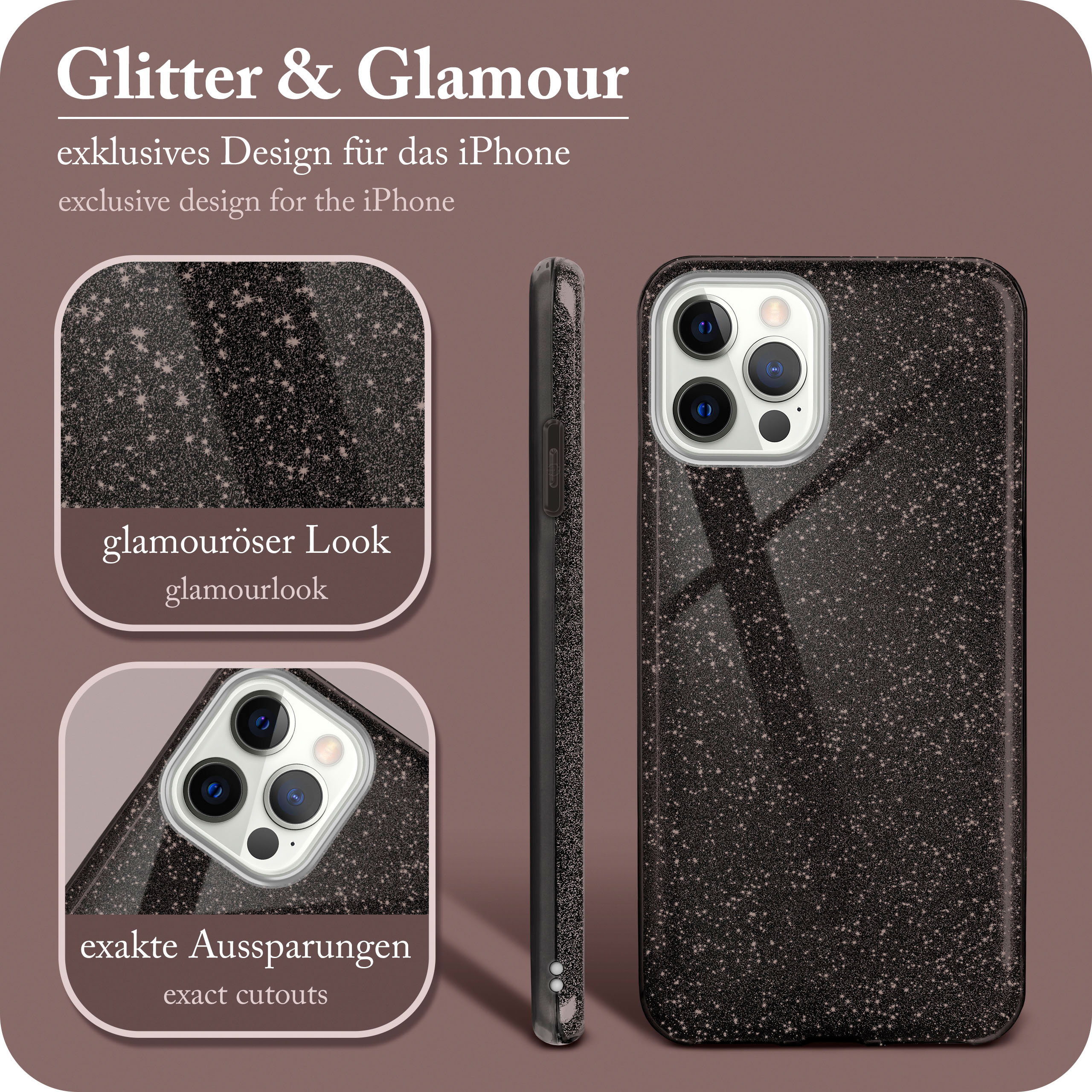 ONEFLOW Glitter - 12 / Pro, Case, iPhone 12 Glamour Black Apple, Backcover