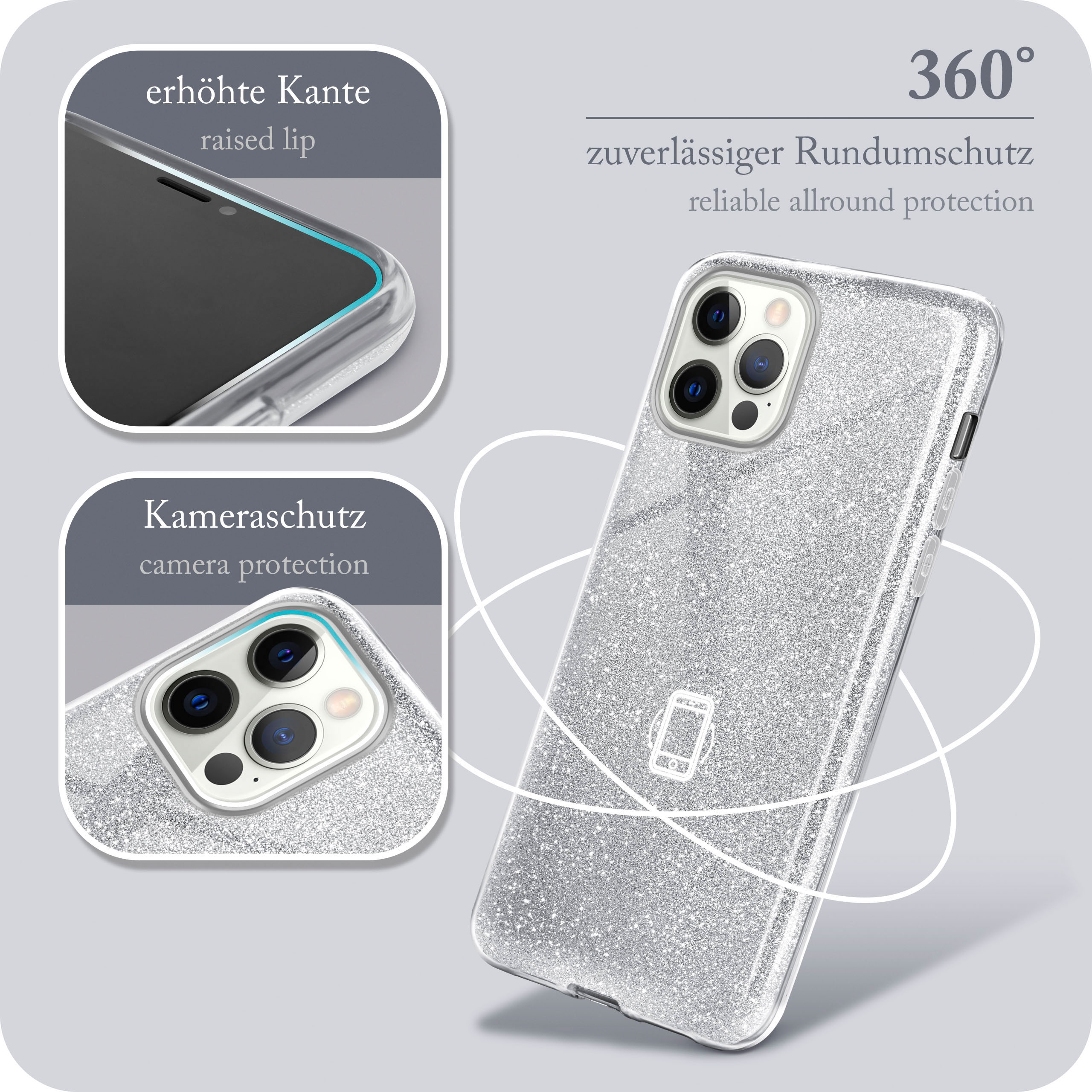 Silberne Glitzer-Handyhülle mit Telefon. Diagramme zeigen erhöhte Lippe und Kameraschutz. Grauer Hintergrund.