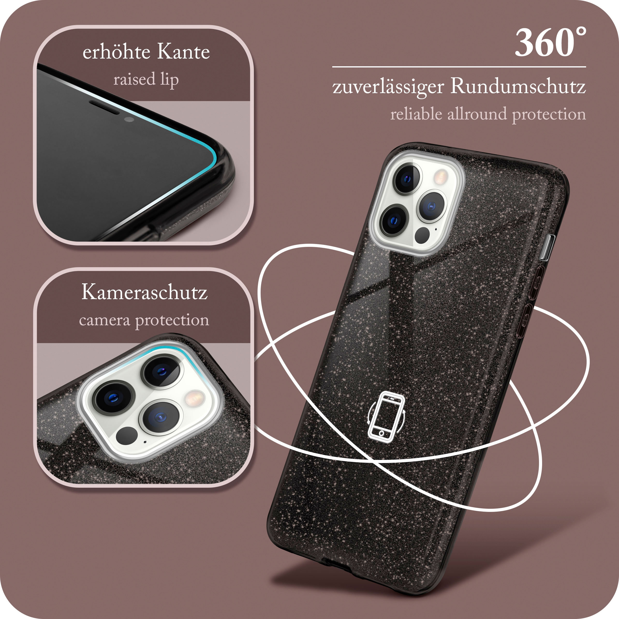 Handyhülle mit Telefon darin, zeigt Kamera- und Bildschirmschutz.