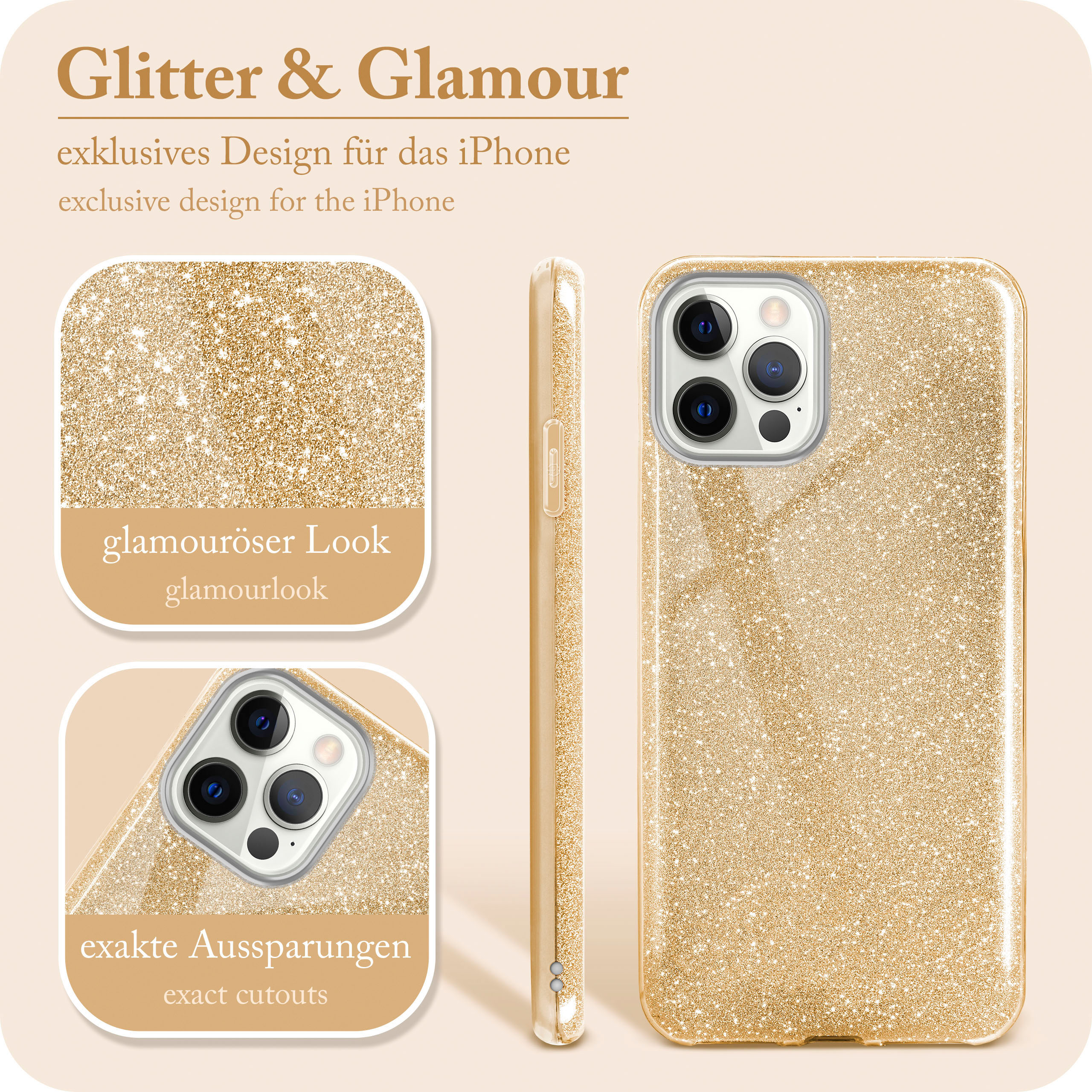 Case, 12 Apple, Glitter 12 Gold - iPhone Shine / Backcover, ONEFLOW Pro,