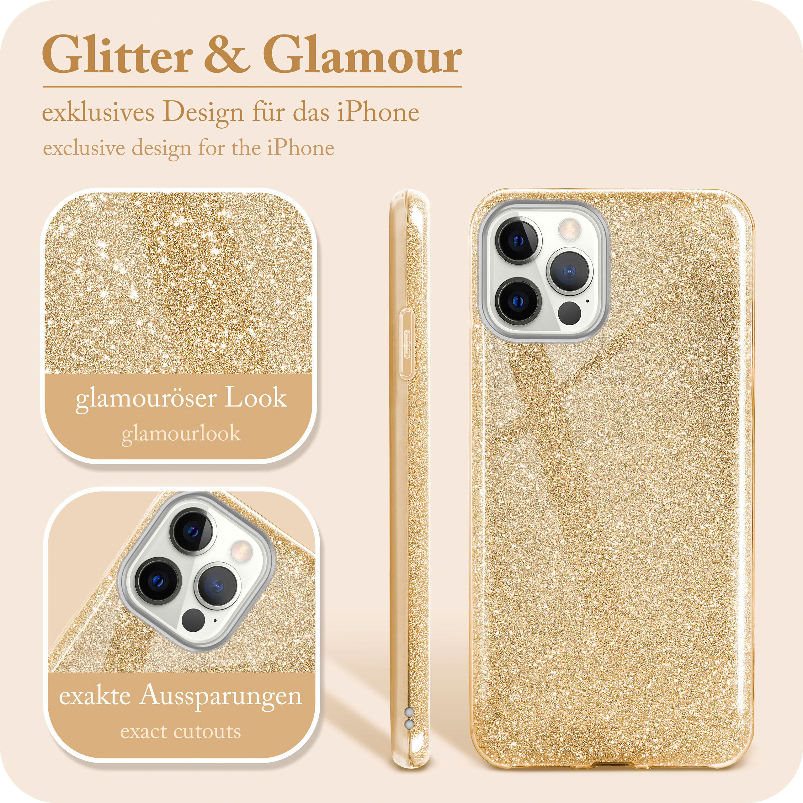 Goldfarbene Glitzer-Handyhülle mit Aussparungen. Nahaufnahmen zeigen das Design und das Telefon mit der Hülle.