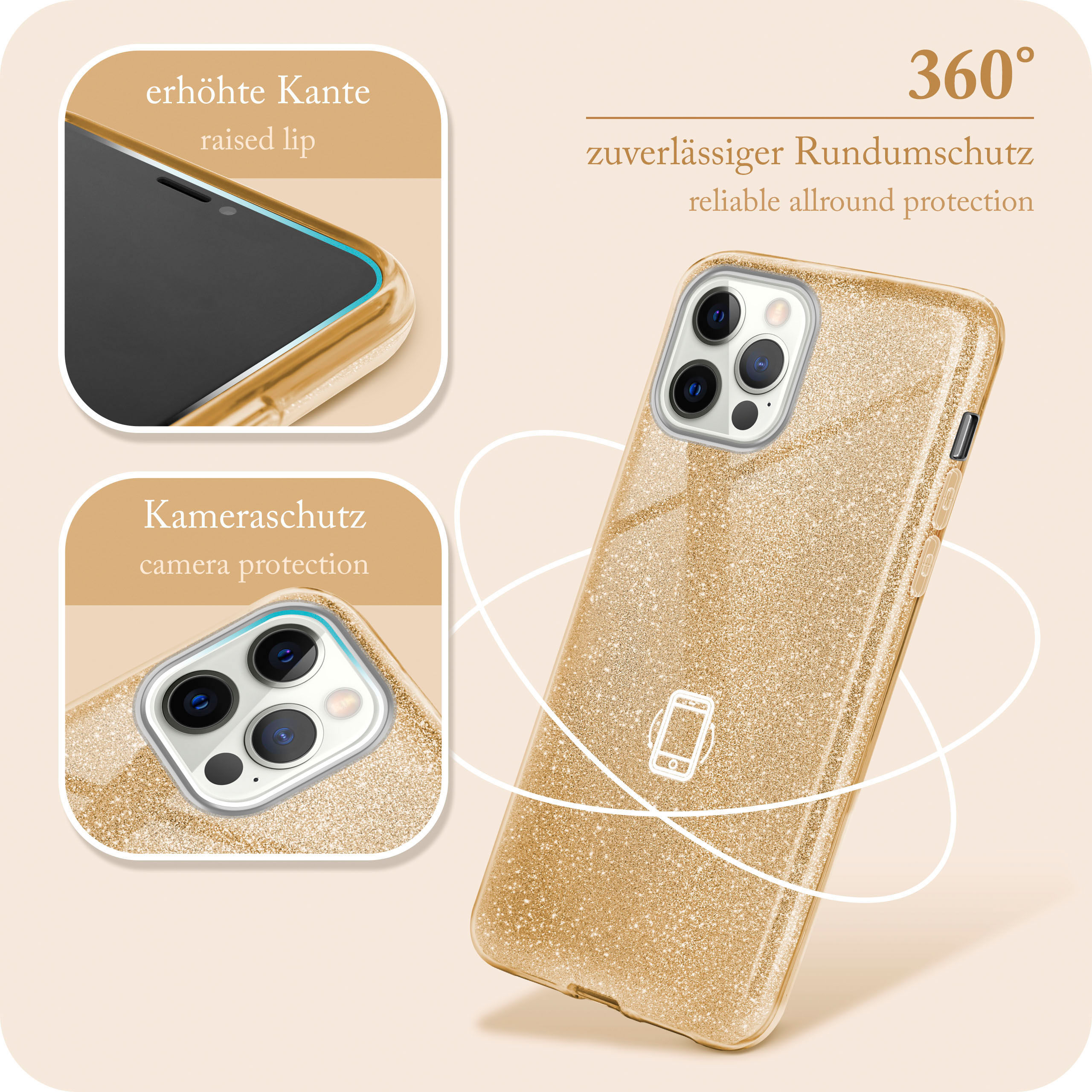 Goldene Handyhülle mit Kamera- und Bildschirmdetails, 360°-Schutz gezeigt, mit Textbeschriftungen.