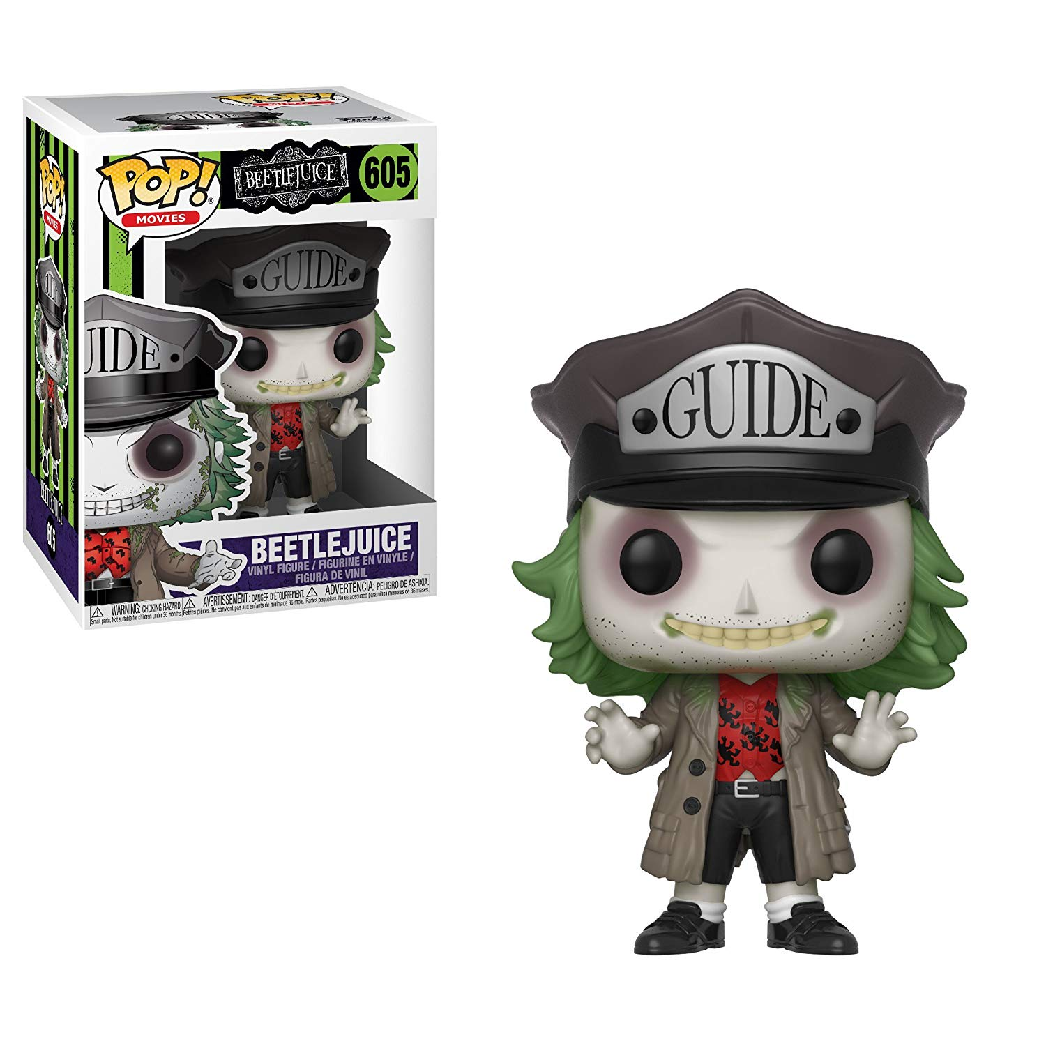 Figurina Beetlejuice con scatola, capelli verdi e cappello da guida.