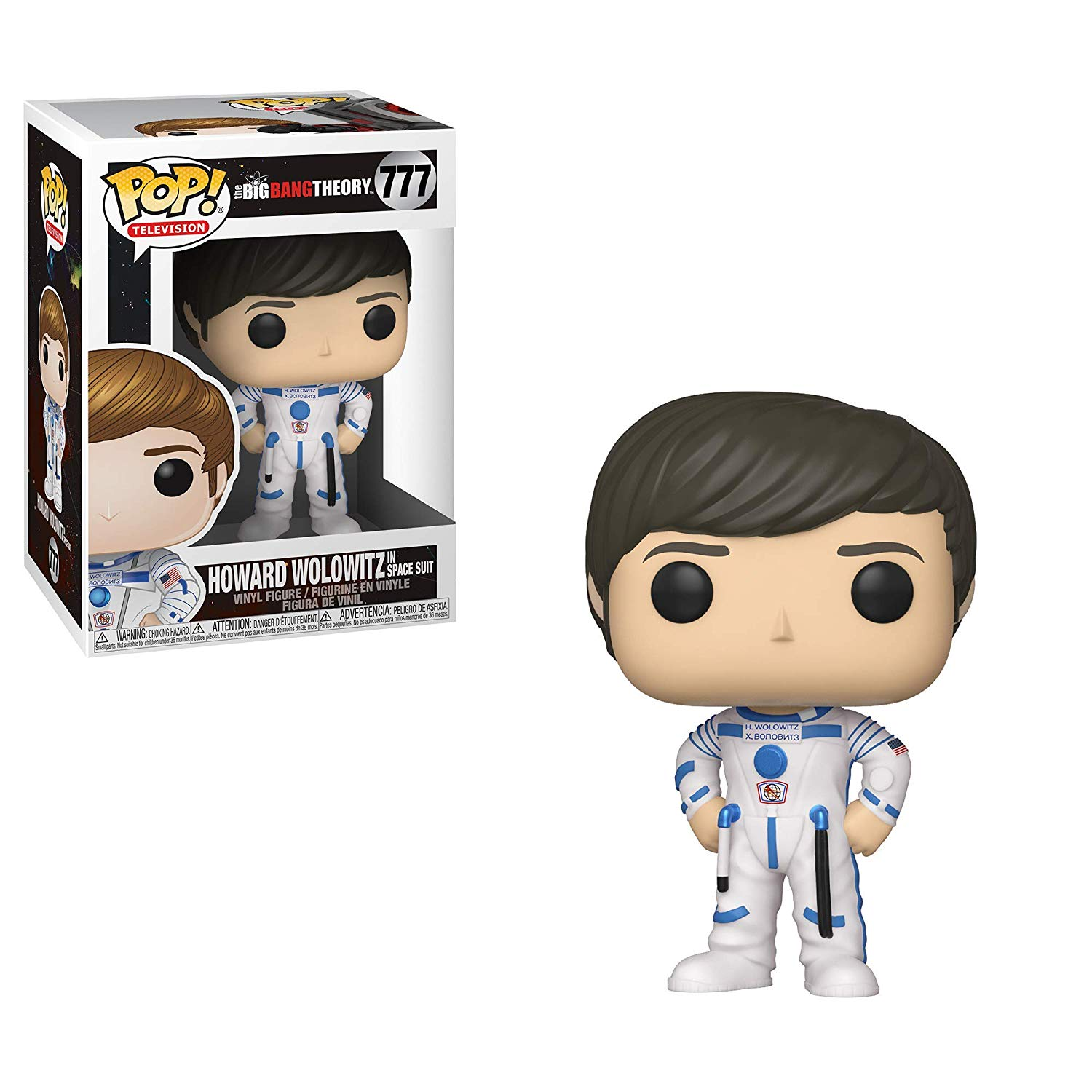 Howard Wolowitz Figur im Raumanzug aus Big Bang Theory mit Box, auf Weiß.
