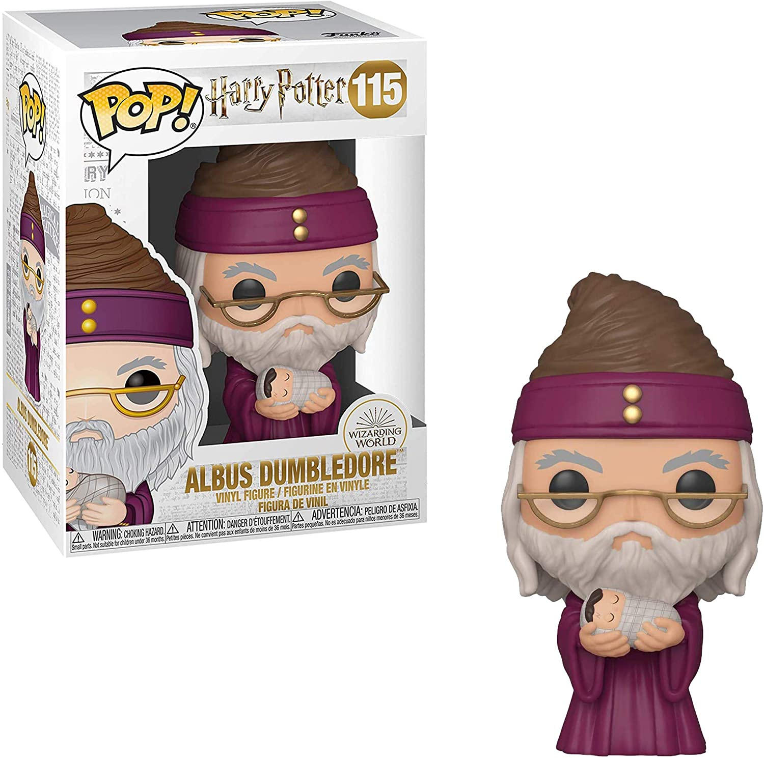 Figura di Albus Silente con scatola, che tiene un bambino.