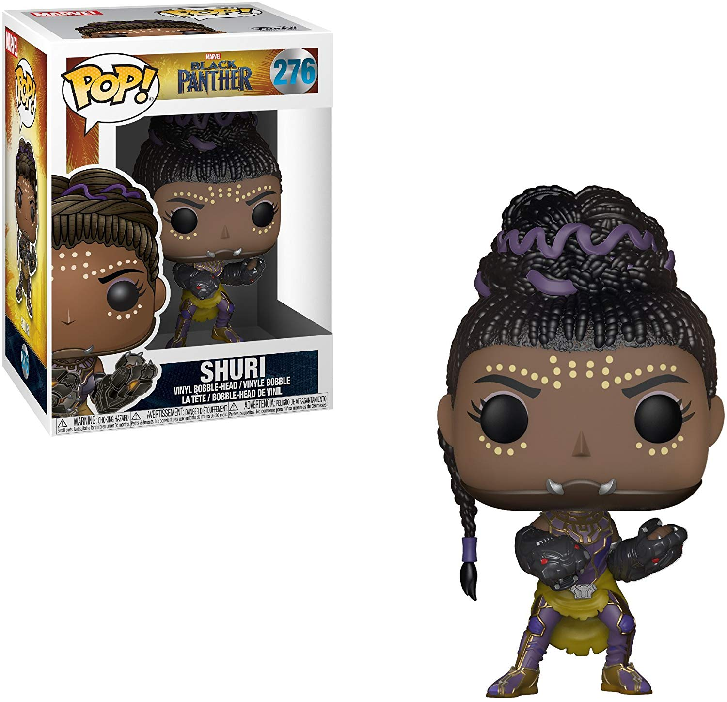 Shuri Funko Pop Figur. Shuri im Black Panther Anzug posiert, mit Box im Hintergrund. Lila Akzente.
