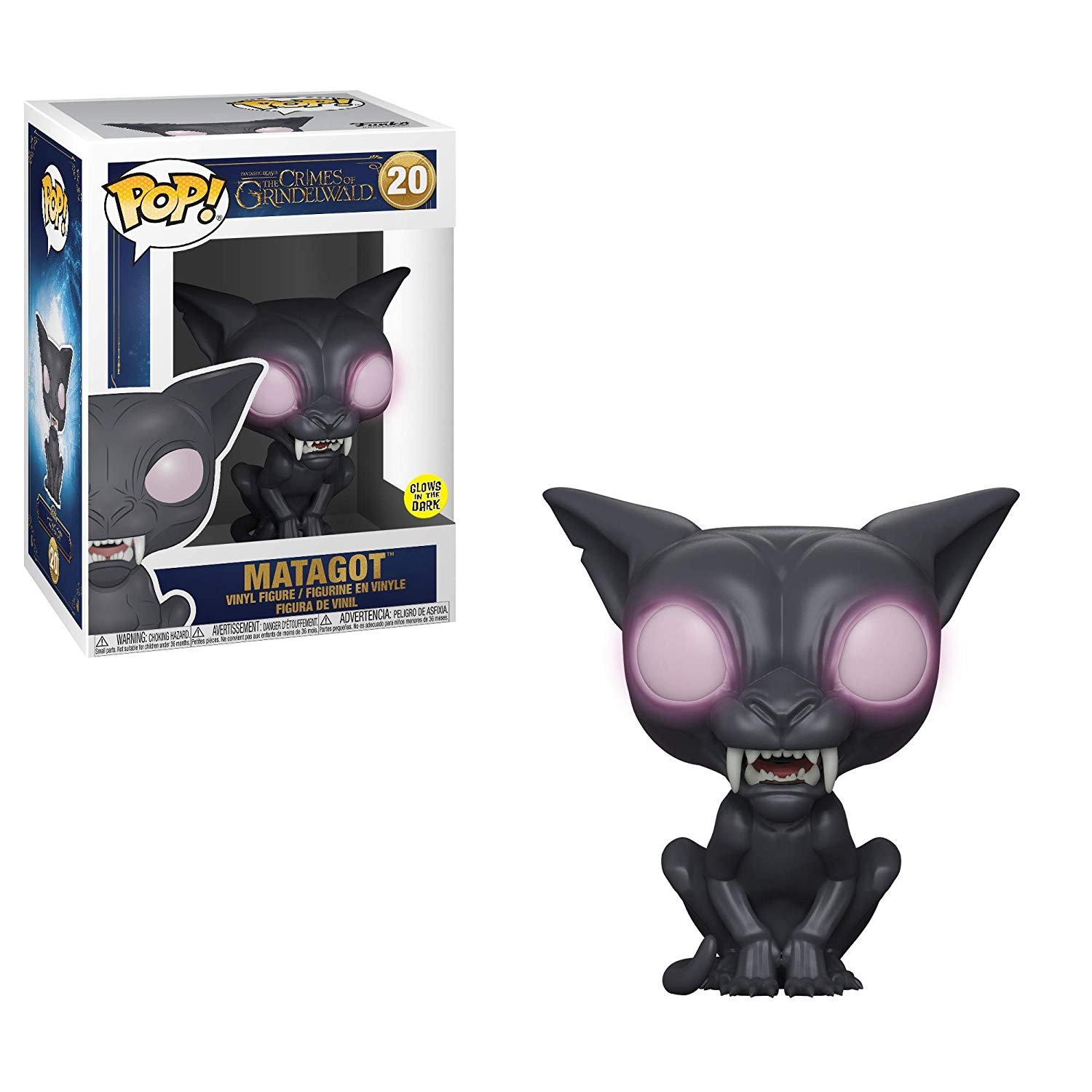 Giocattolo Matagot nero con occhi rosa brillanti. È una figura Funko Pop.