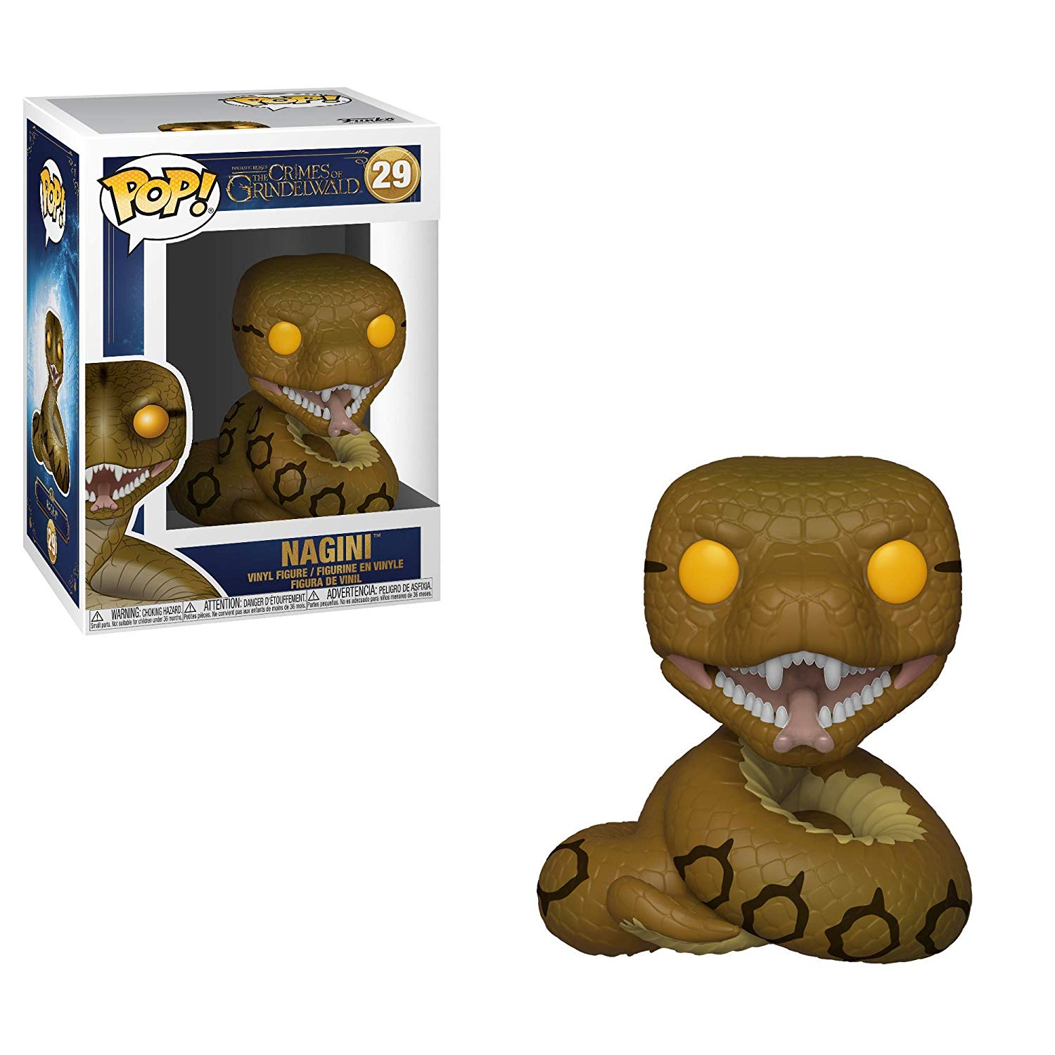 Figura Funko Pop di Nagini dentro e fuori dalla scatola. Il serpente è marrone, con occhi gialli.